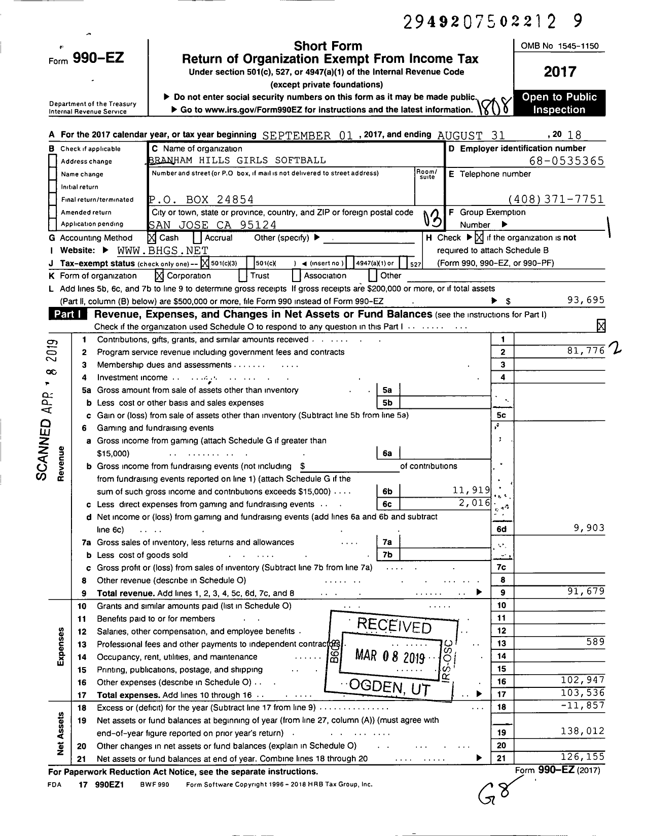 Image of first page of 2017 Form 990EZ for Branham Hills Girls Softball