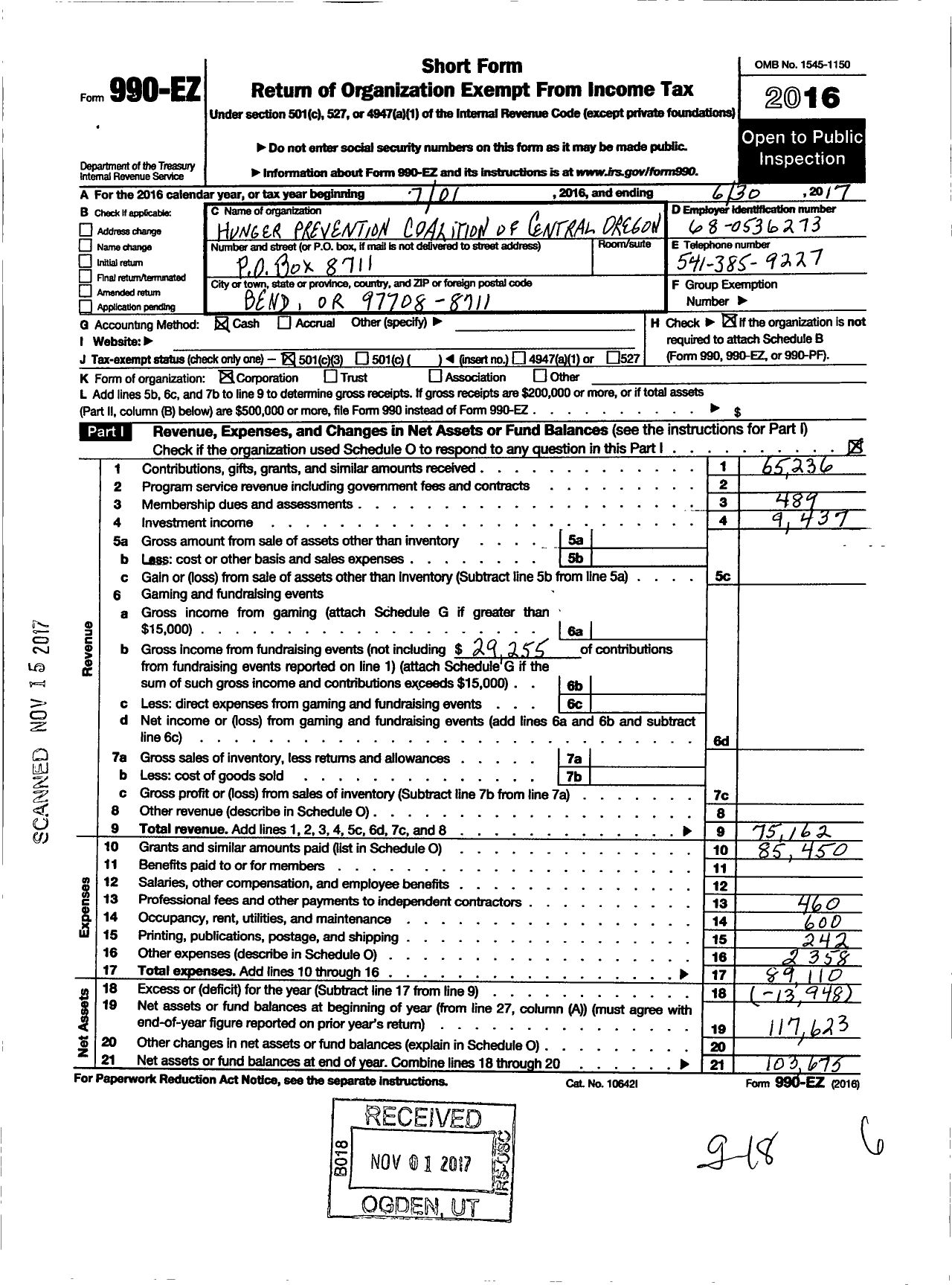 Image of first page of 2016 Form 990EZ for Hunger Prevention Coalition of Central Oregon