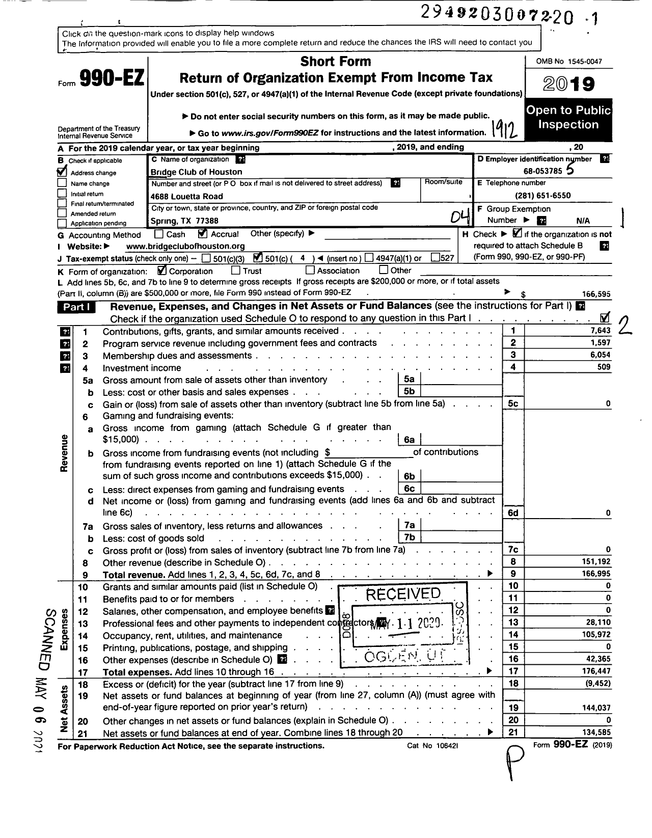 Image of first page of 2019 Form 990EO for Bridge Club of Houston