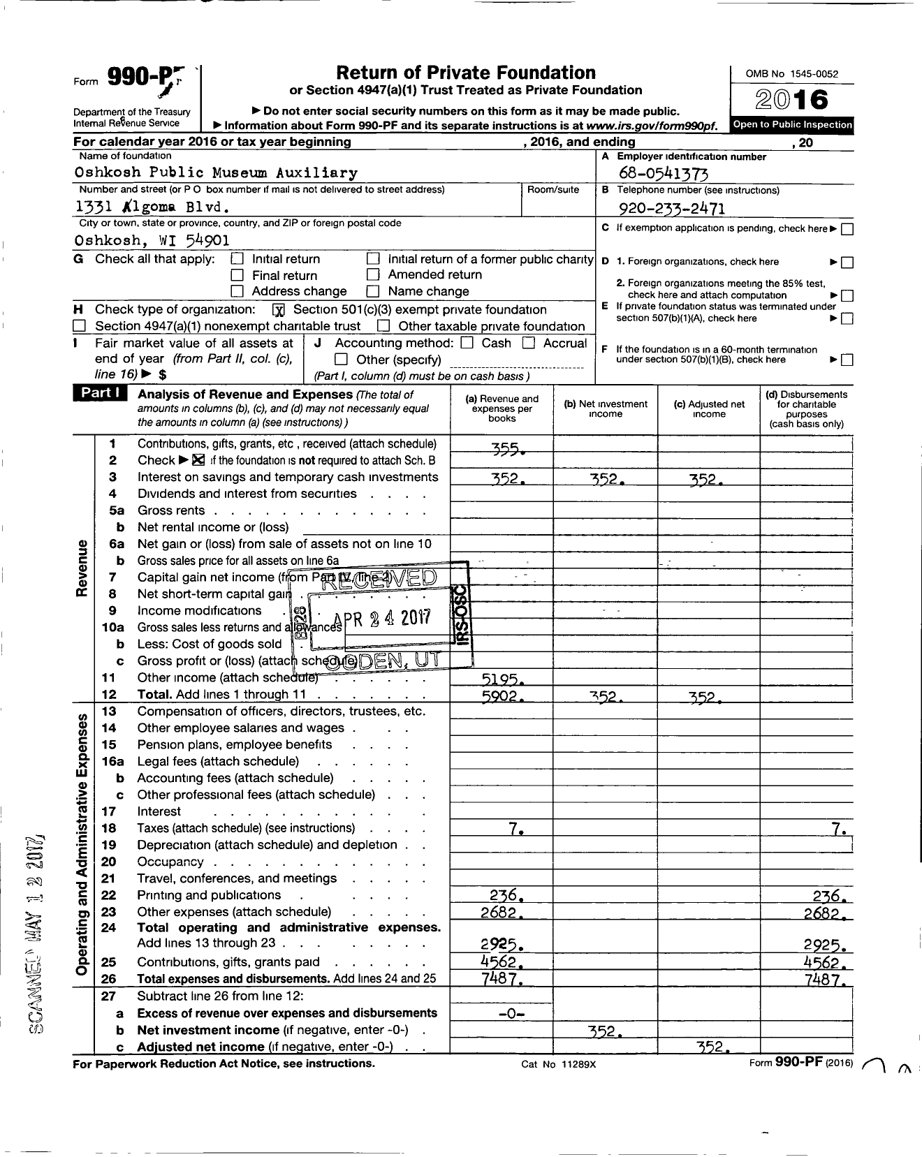 Image of first page of 2016 Form 990PF for Oshkosh Public Museum Auxiliary