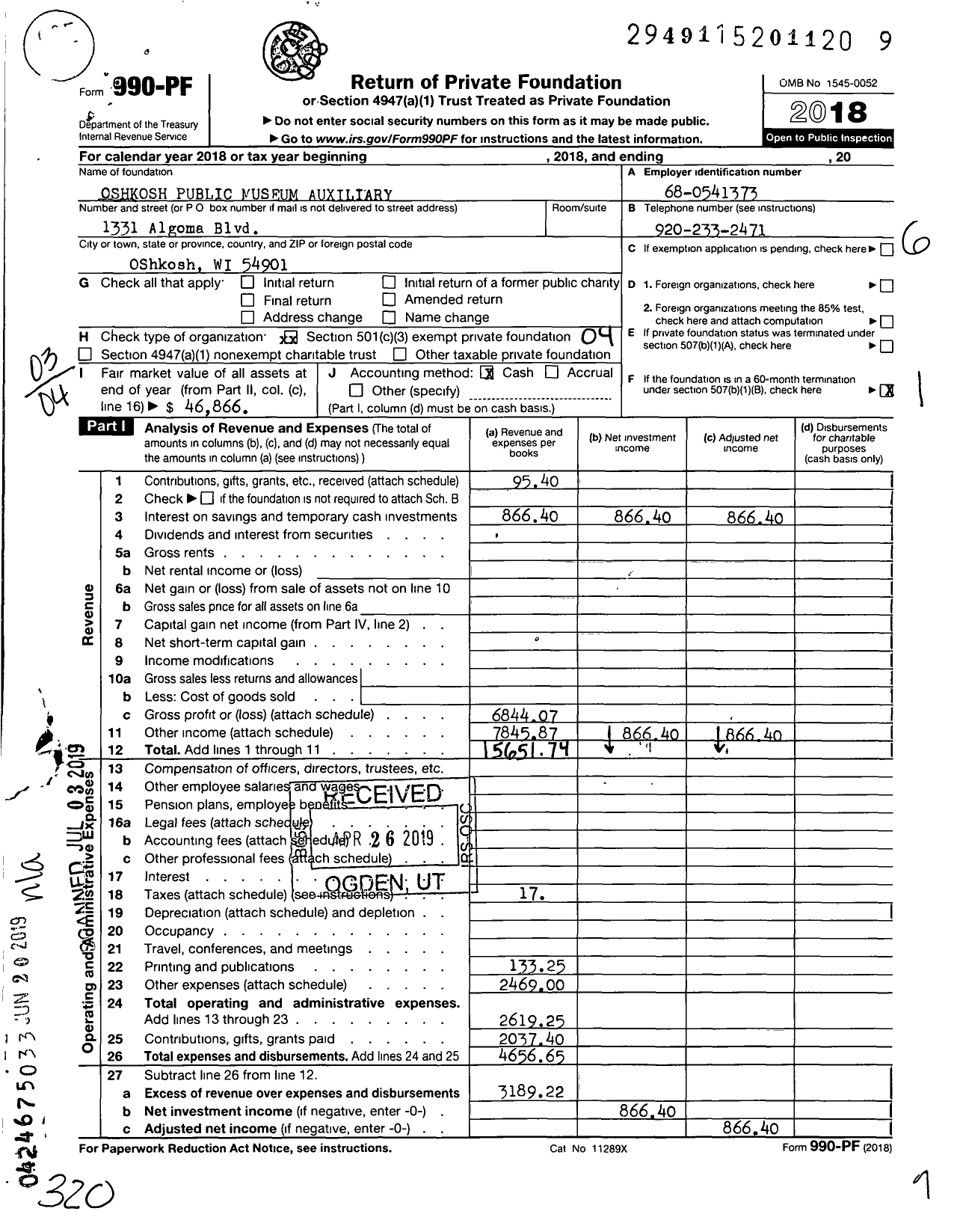 Image of first page of 2018 Form 990PF for Oshkosh Public Museum Auxiliary