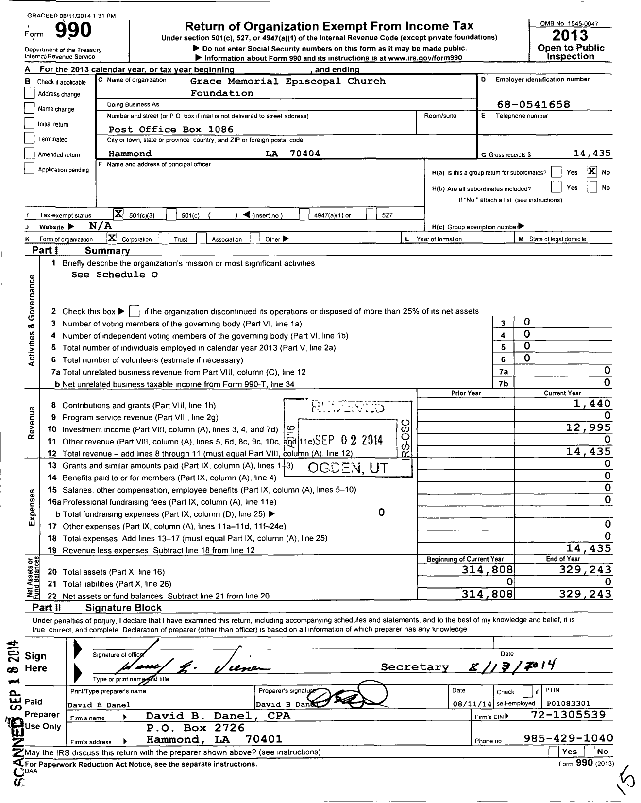 Image of first page of 2013 Form 990 for Grace Memorial Episcopal Church Foundation