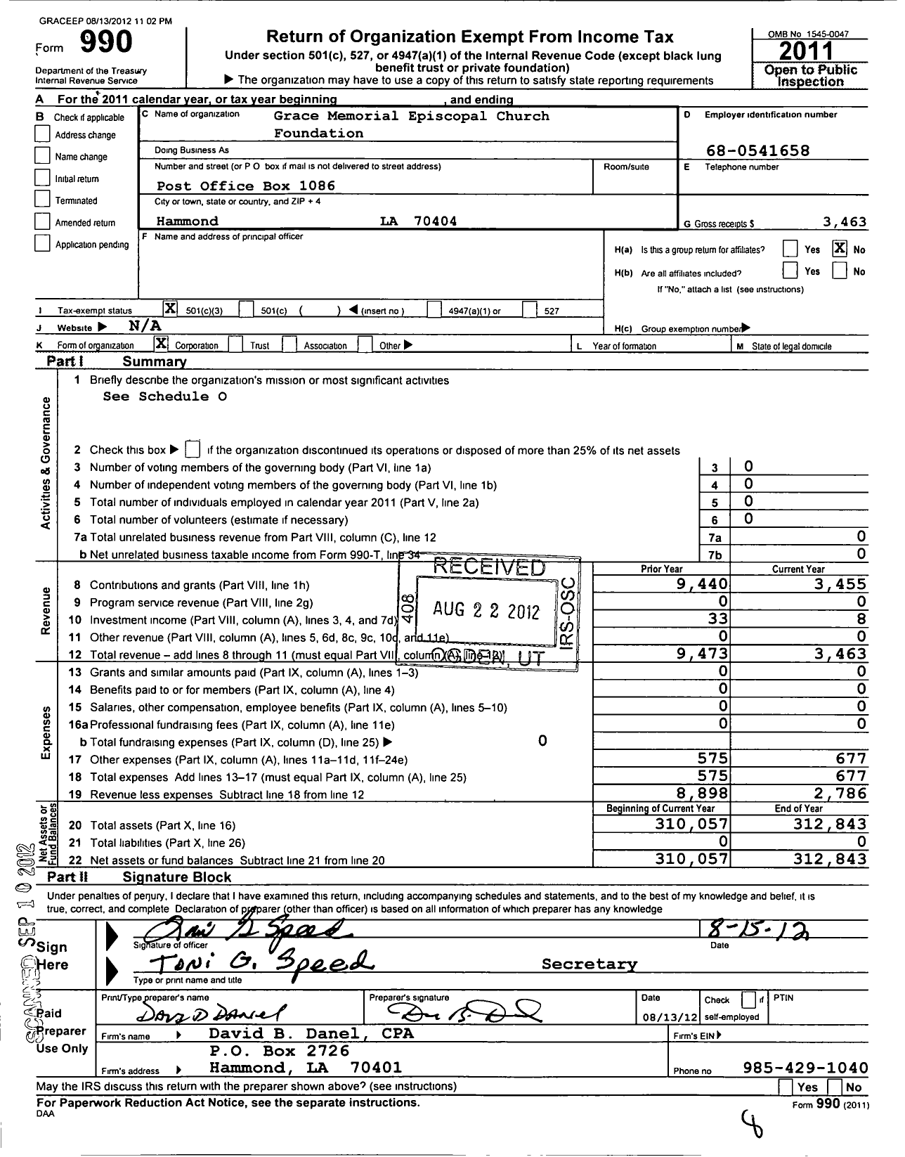 Image of first page of 2011 Form 990 for Grace Memorial Episcopal Church Foundation