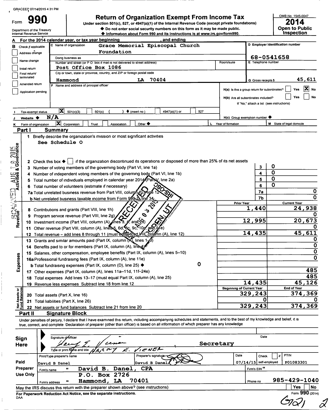 Image of first page of 2014 Form 990 for Grace Memorial Episcopal Church Foundation