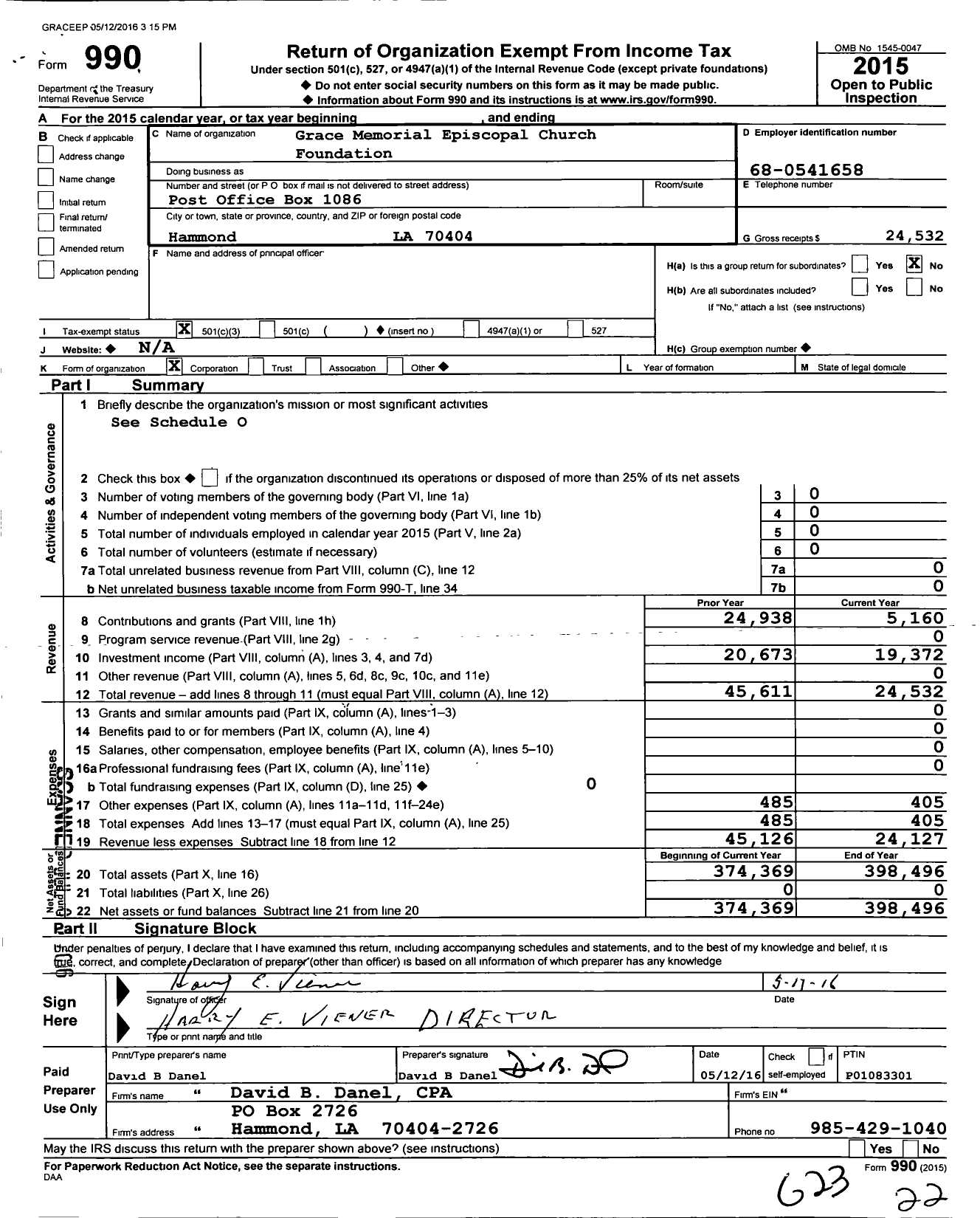 Image of first page of 2015 Form 990 for Grace Memorial Episcopal Church Foundation