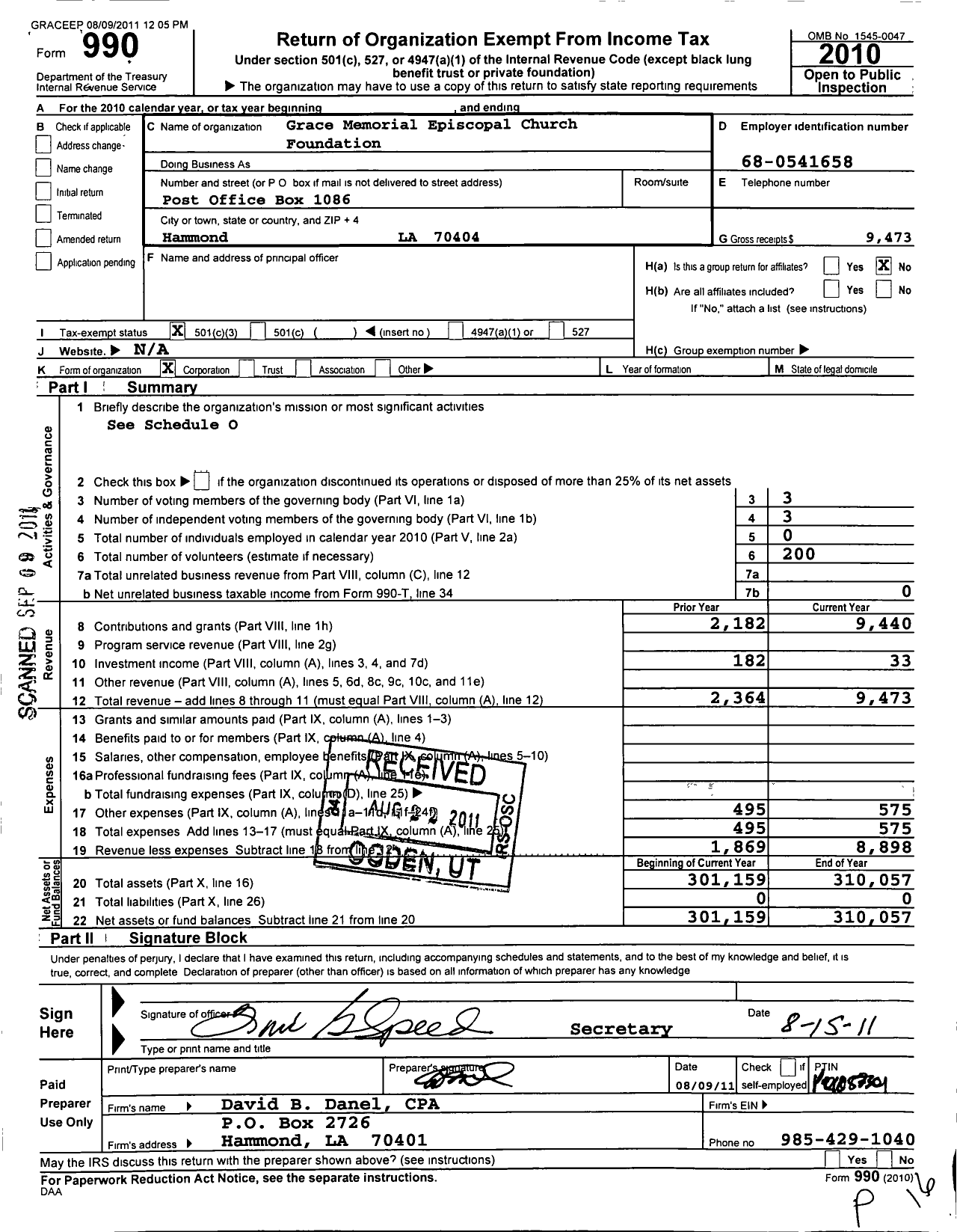 Image of first page of 2010 Form 990 for Grace Memorial Episcopal Church Foundation