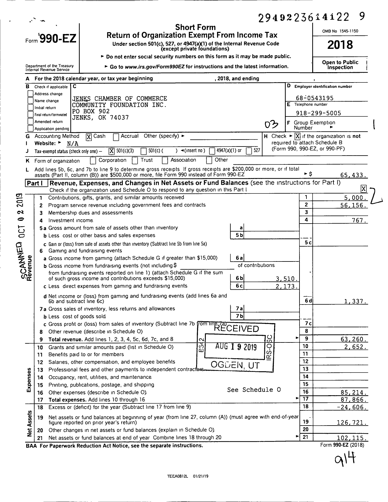 Image of first page of 2018 Form 990EZ for Jenks Chamber of Commerce Community Foundation