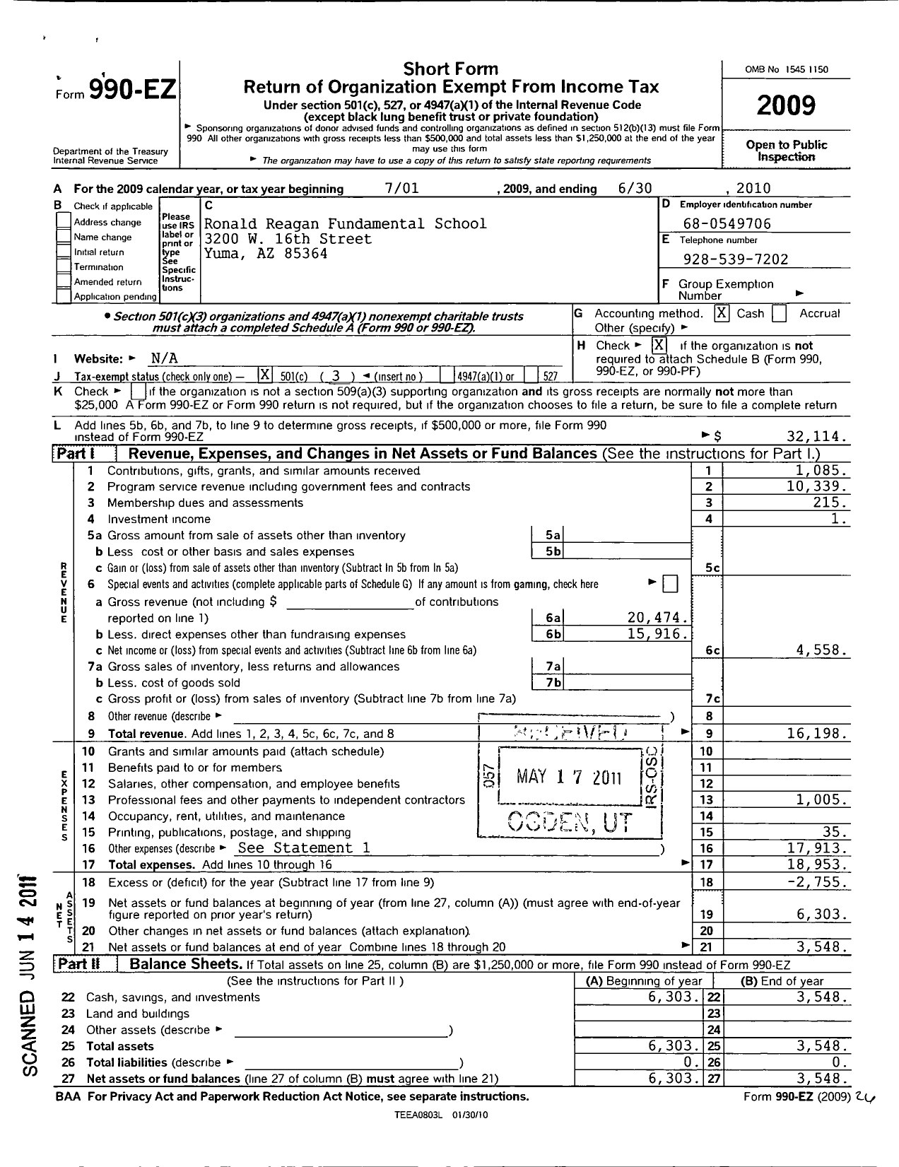 Image of first page of 2009 Form 990EZ for Ronald Reagan Fundamental School Parent Teacher Organization