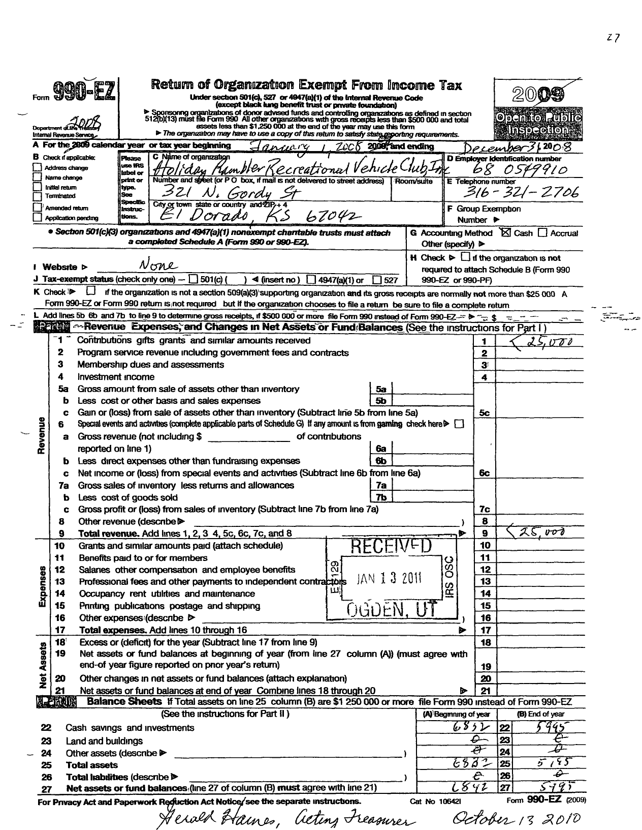 Image of first page of 2008 Form 990EOR for Holiday Rambler Recreational Vehicle Club / Kansas State HRRVC Council