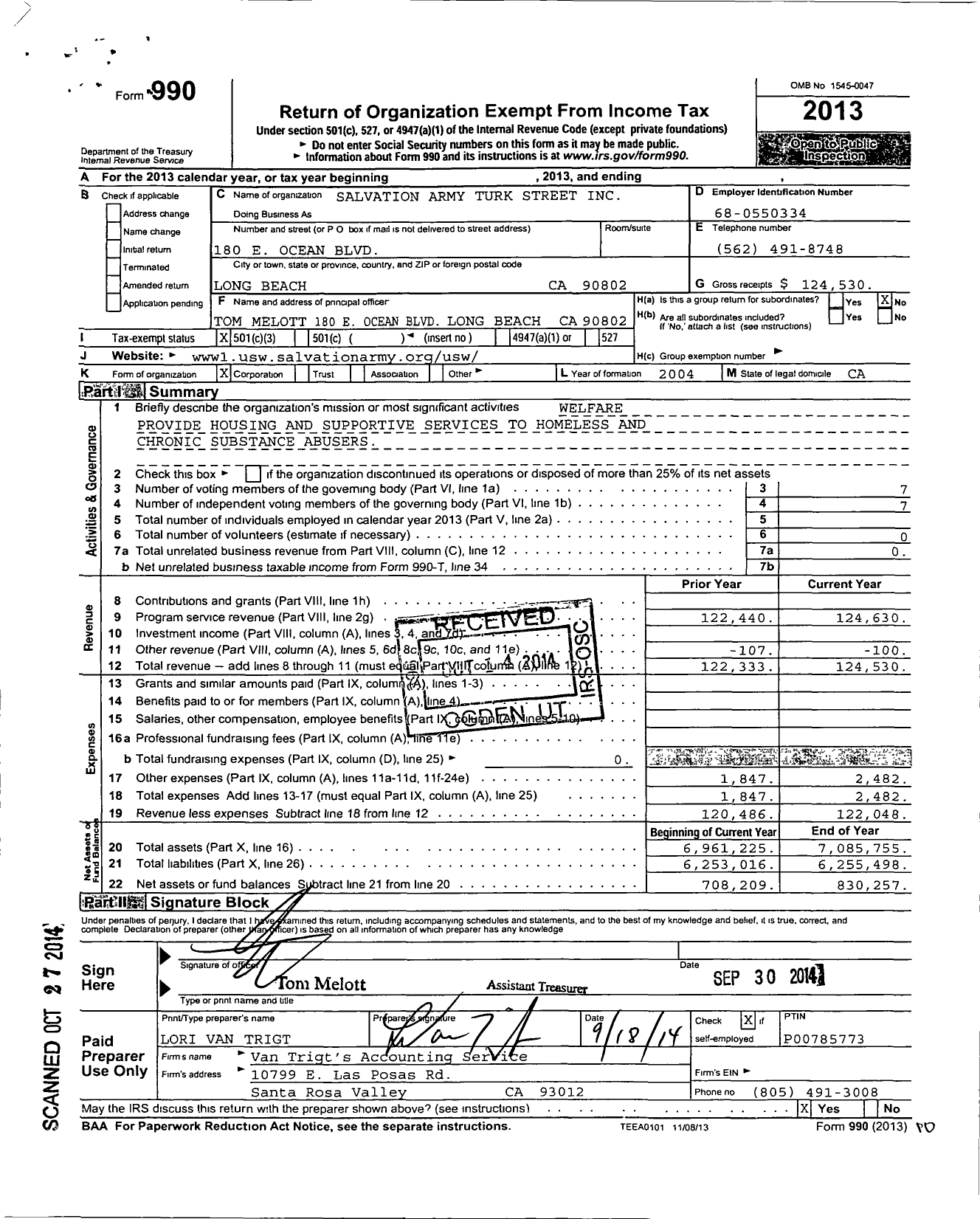 Image of first page of 2013 Form 990 for Salvation Army Turk Street