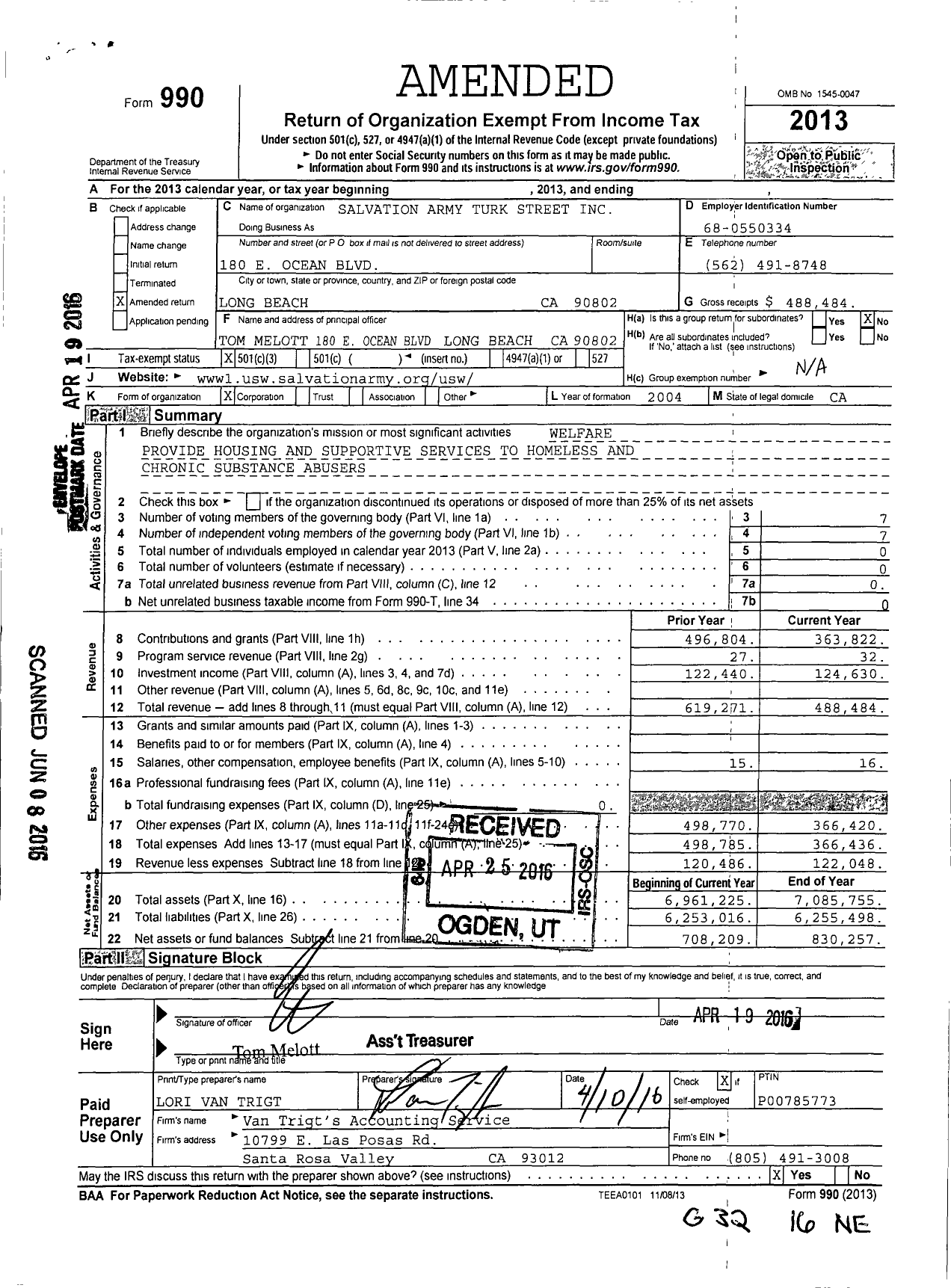 Image of first page of 2013 Form 990 for Salvation Army Turk Street