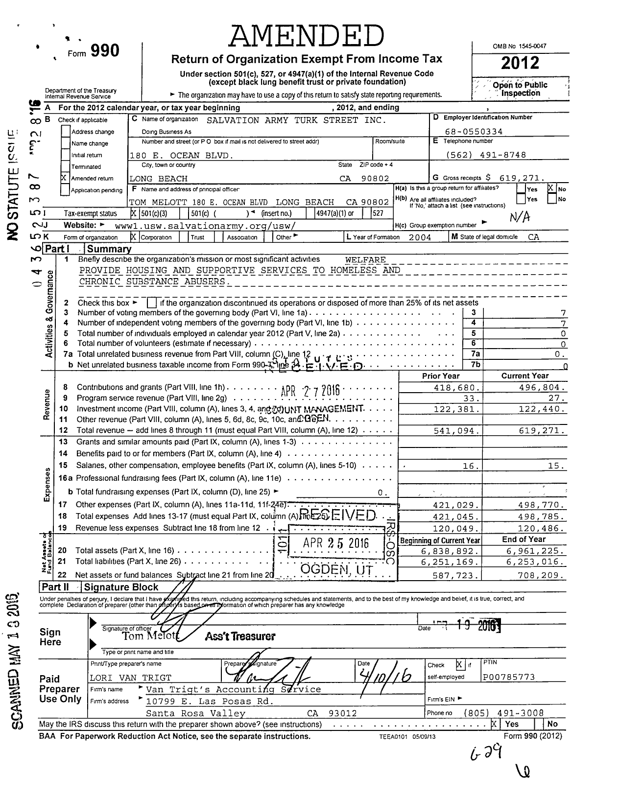 Image of first page of 2012 Form 990 for Salvation Army Turk Street