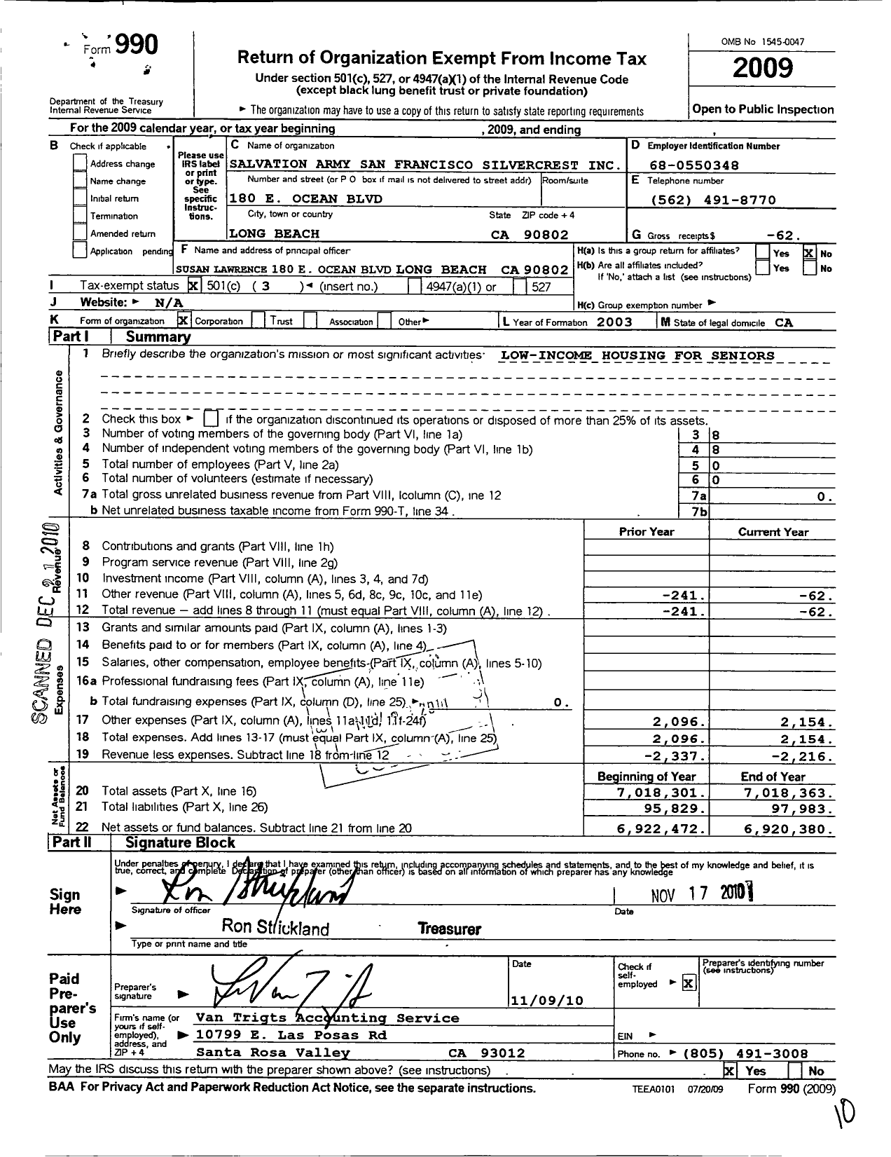 Image of first page of 2009 Form 990 for Salvation Army San Francisco Silvercrest