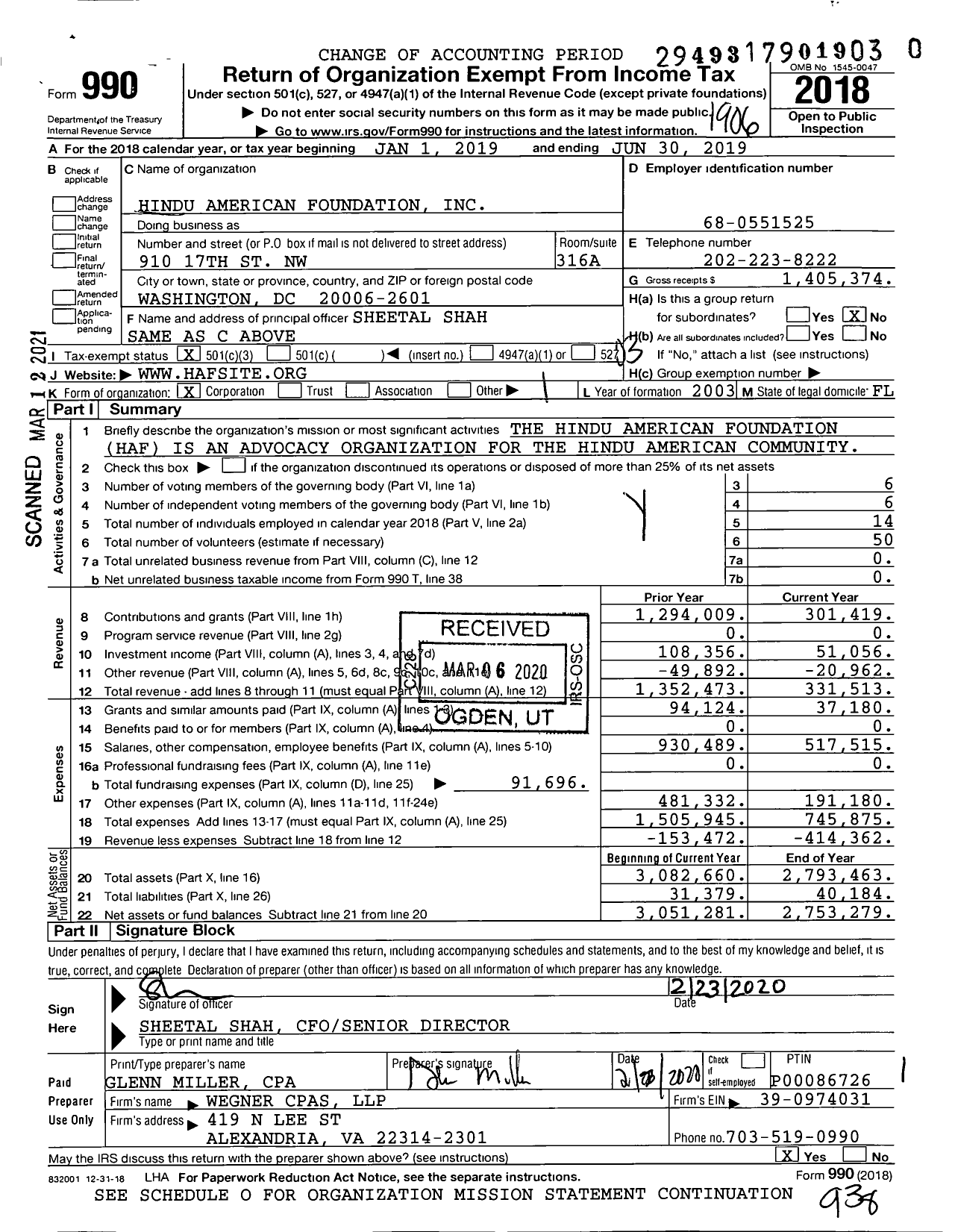 Image of first page of 2018 Form 990 for Hindu American Foundation (HAF)