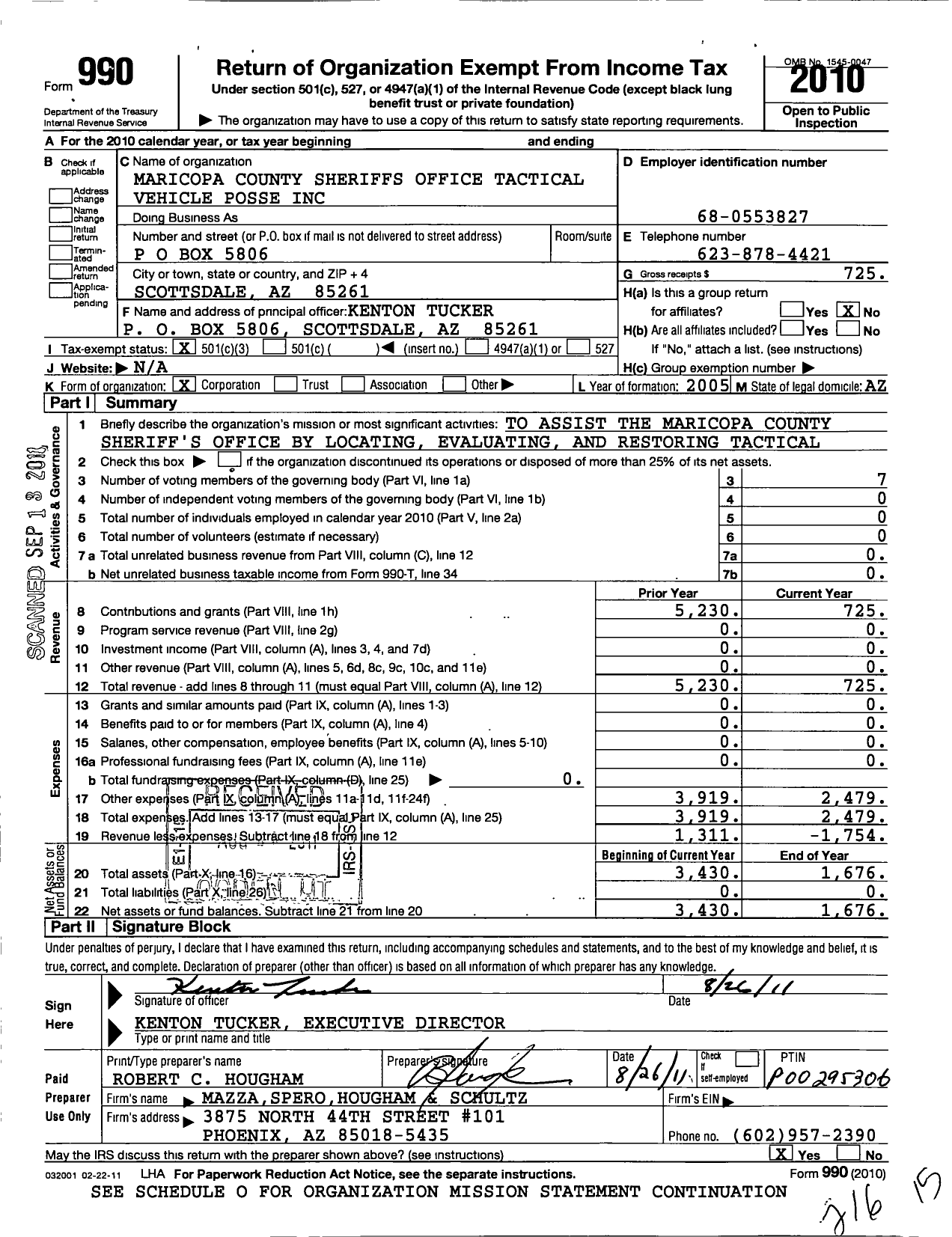 Image of first page of 2010 Form 990 for Maricopa County Sheriffs Office Tactical Vehicle Posse