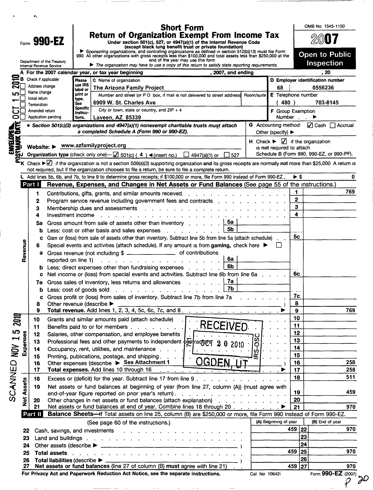 Image of first page of 2007 Form 990EO for Arizona Family Project