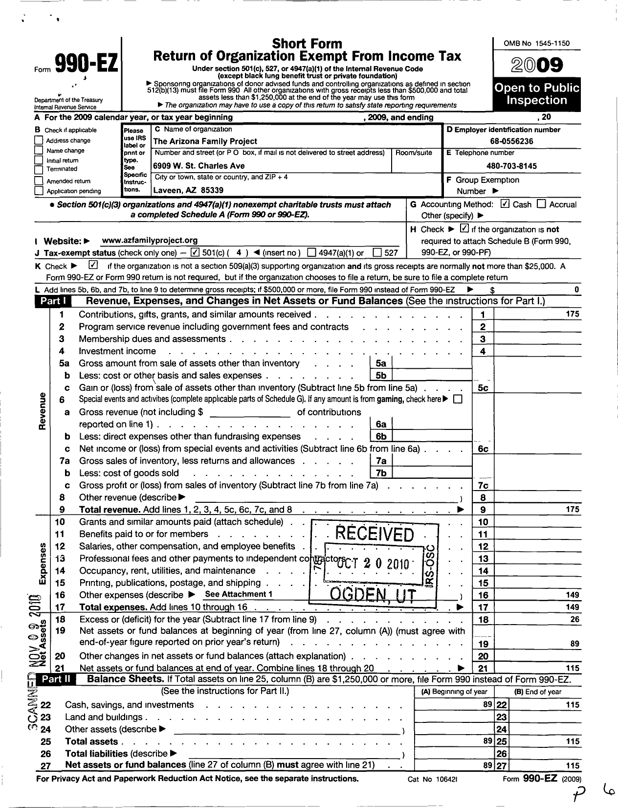 Image of first page of 2009 Form 990EO for Arizona Family Project