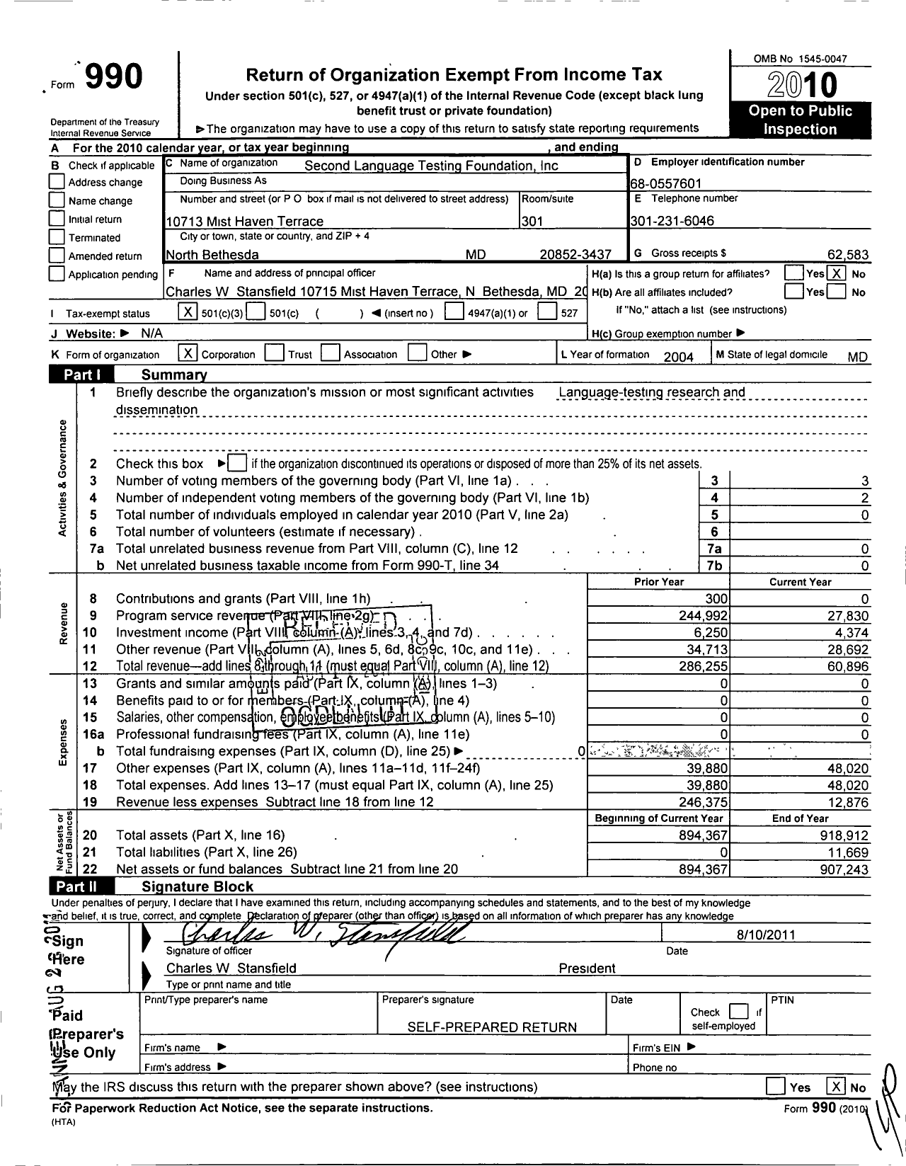 Image of first page of 2010 Form 990 for Language Learning and Testing Foundation Incorporated