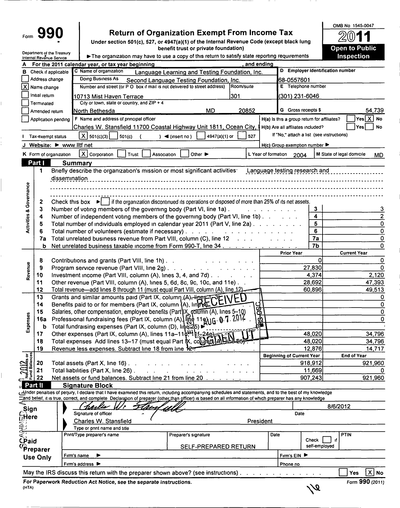 Image of first page of 2011 Form 990 for Language Learning and Testing Foundation Incorporated