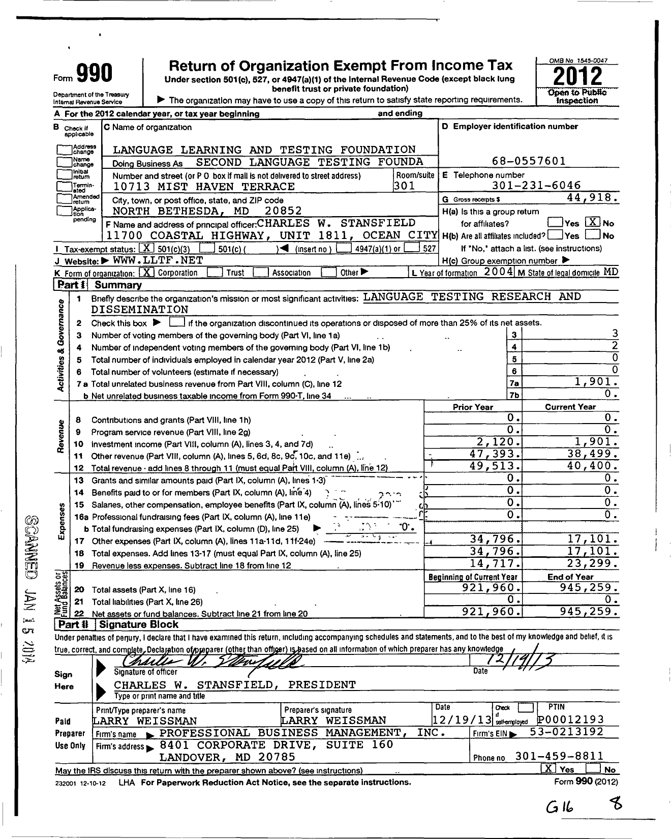 Image of first page of 2012 Form 990 for Language Learning and Testing Foundation Incorporated