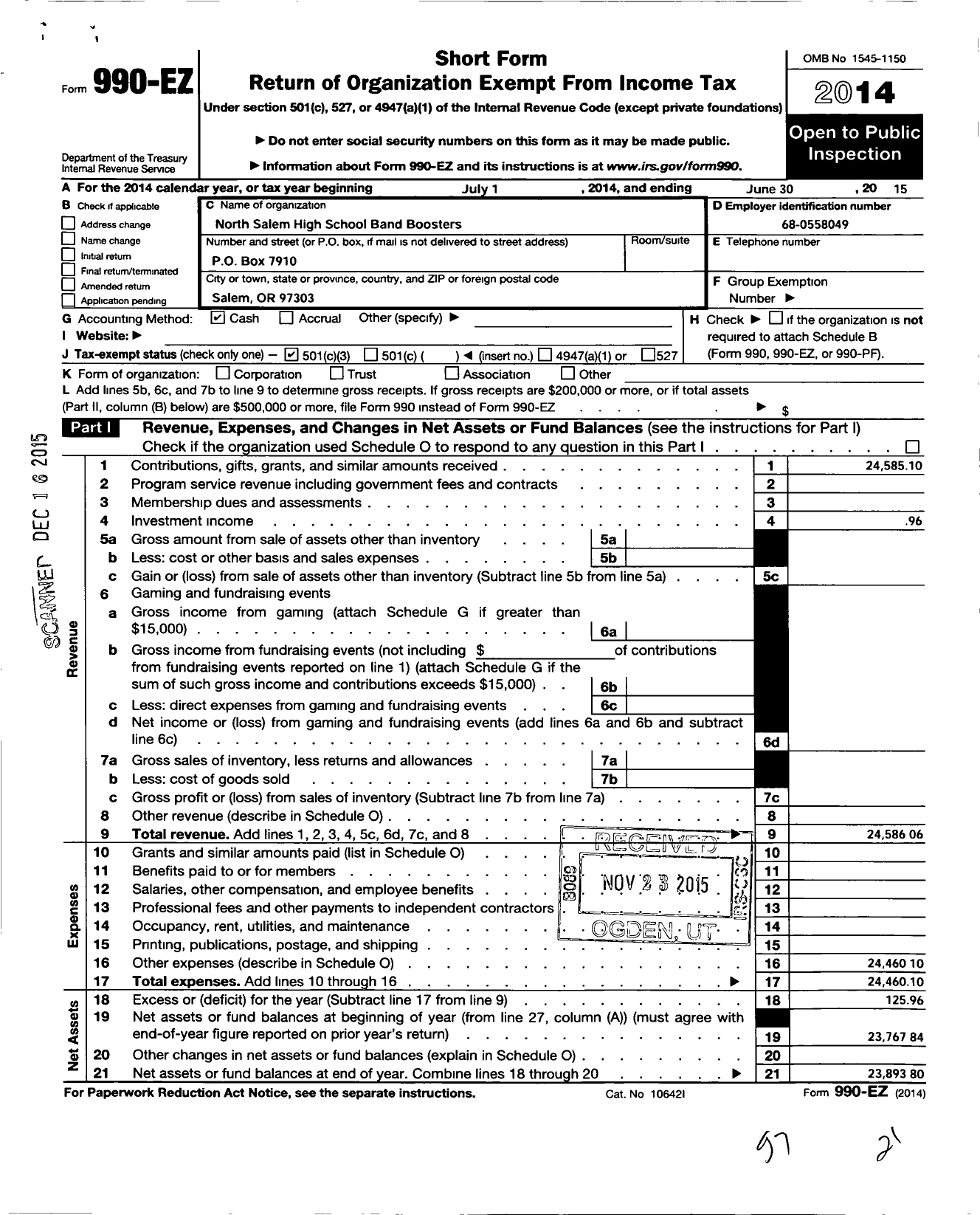 Image of first page of 2014 Form 990EZ for North Salem High School Band Boosters