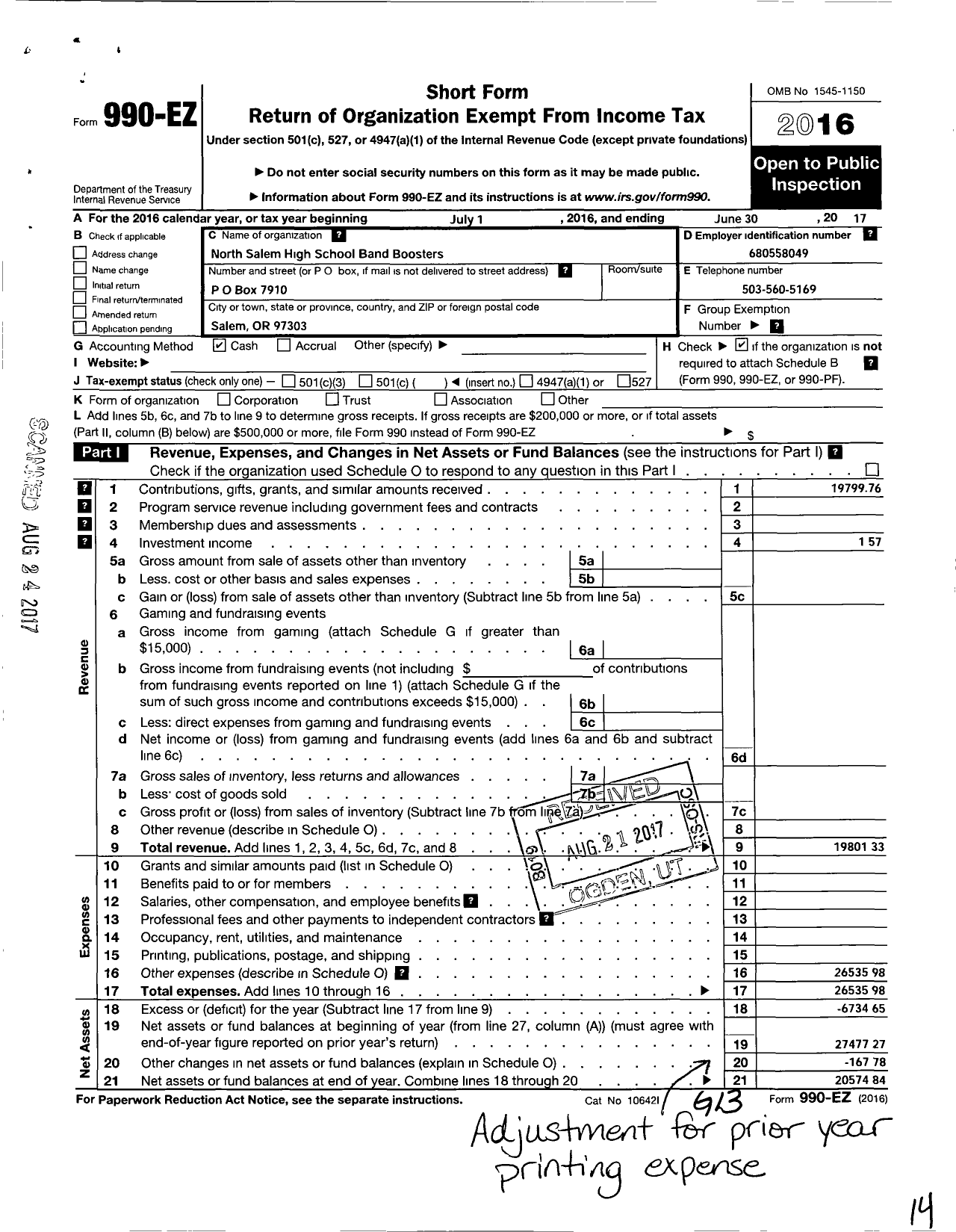 Image of first page of 2016 Form 990EO for North Salem High School Band Boosters