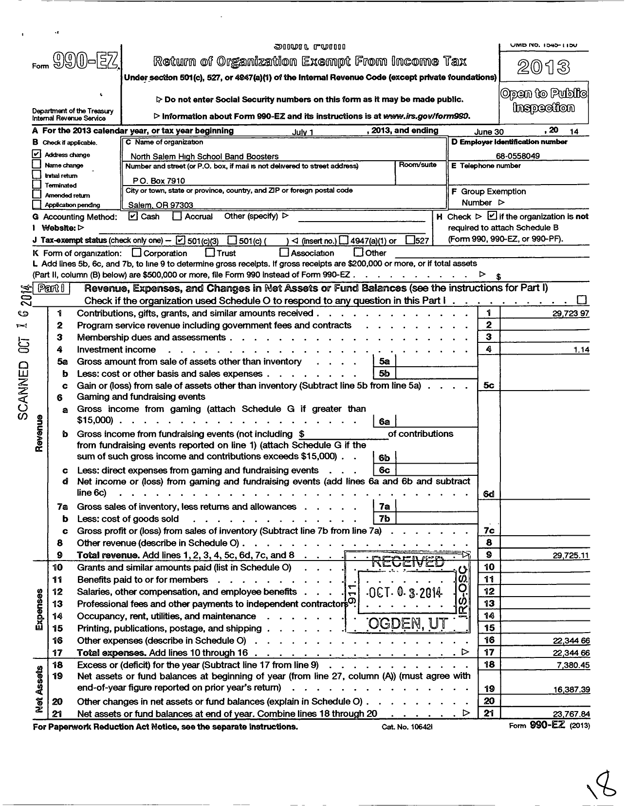 Image of first page of 2013 Form 990EZ for North Salem High School Band Boosters