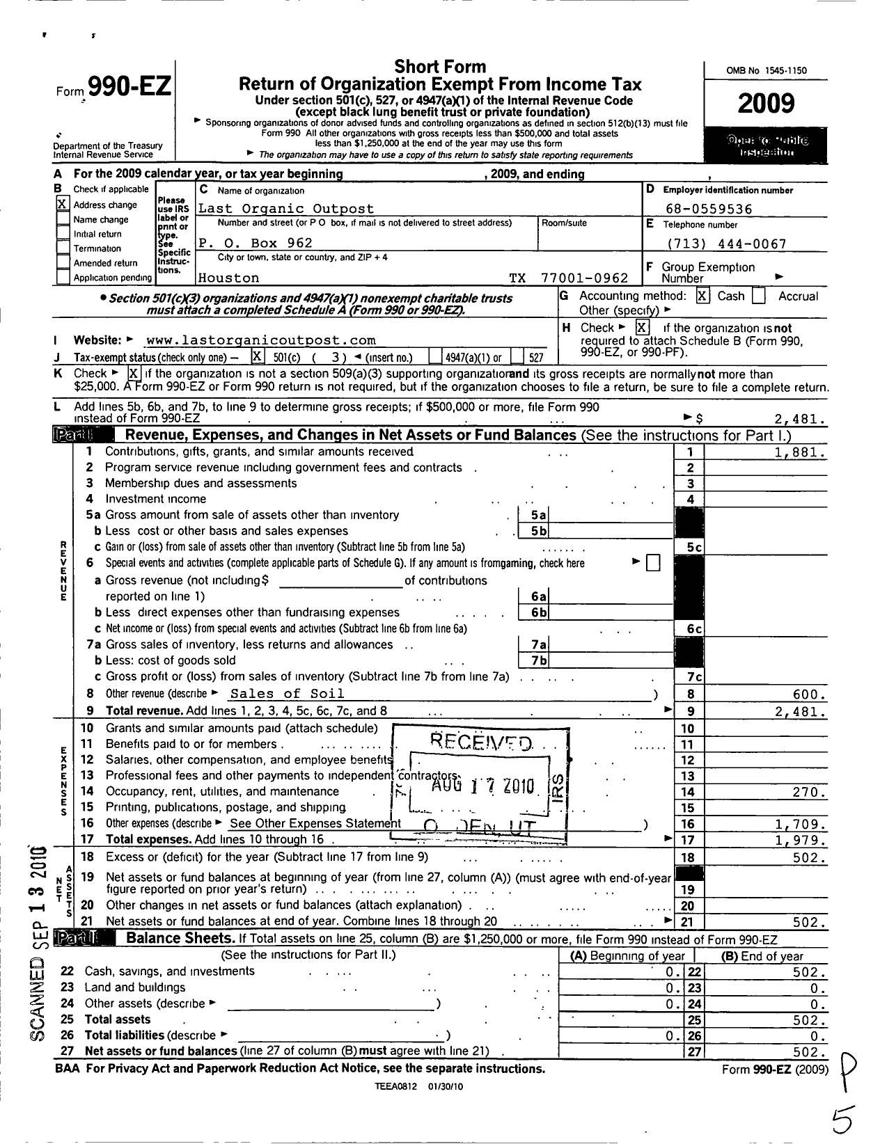 Image of first page of 2009 Form 990EZ for Last Organic Outpost