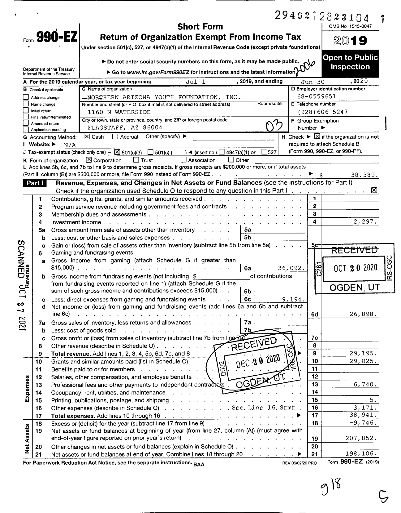 Image of first page of 2019 Form 990EZ for Northern Arizona Youth Foundation