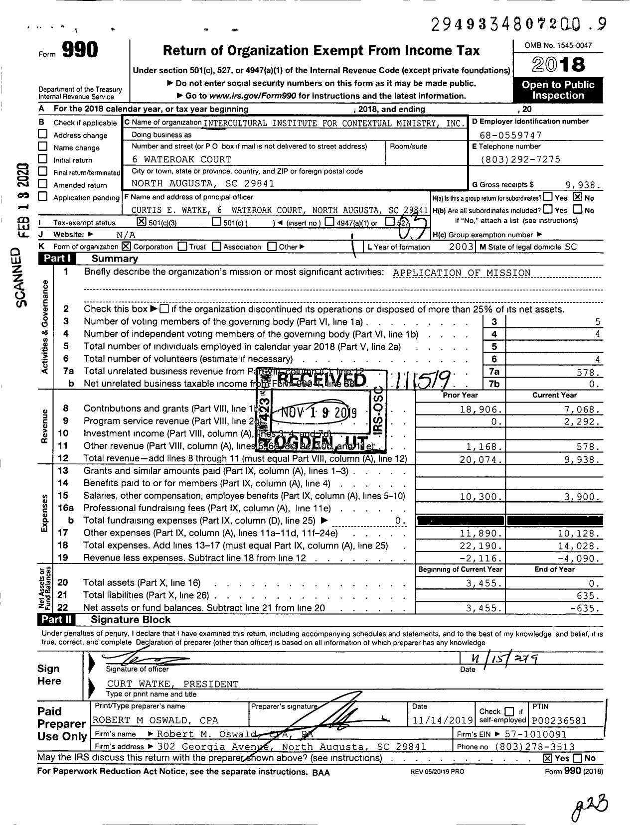 Image of first page of 2018 Form 990 for Intercultural Institute for Contextual Ministry