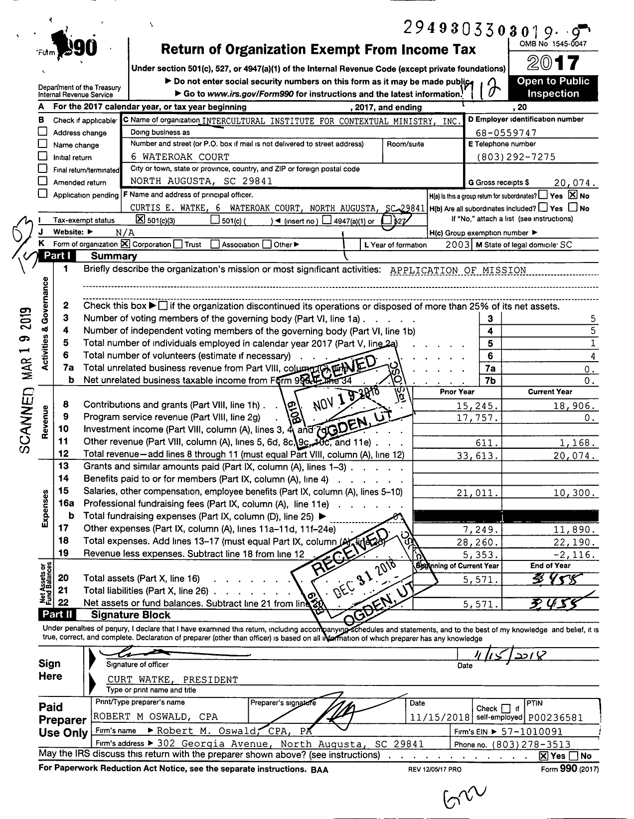 Image of first page of 2017 Form 990 for Intercultural Institute for Contextual Ministry