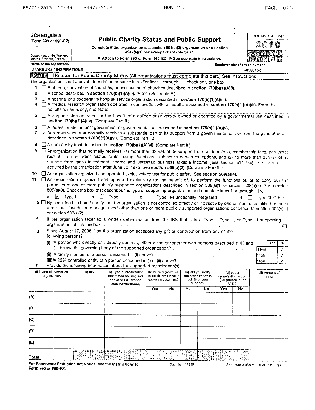 Image of first page of 2010 Form 990ER for Starburst Inspirations