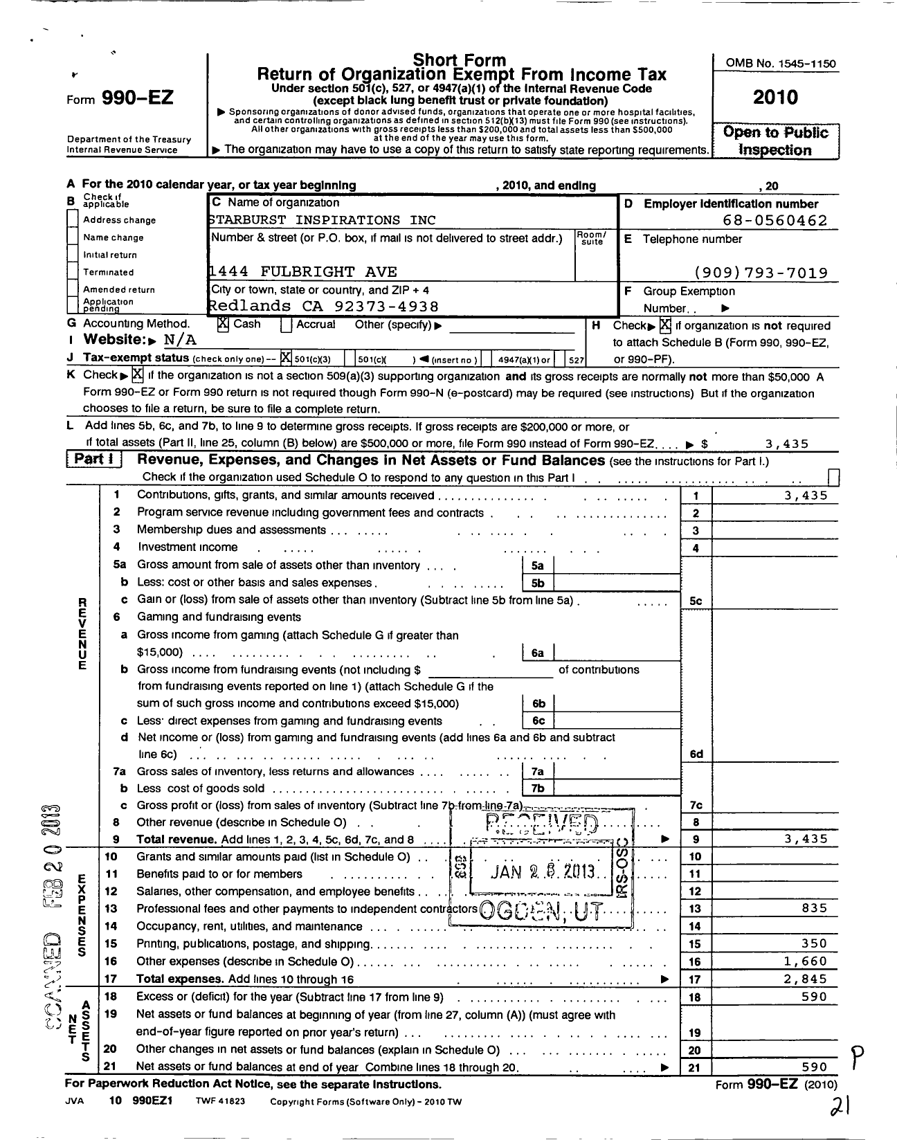 Image of first page of 2010 Form 990EZ for Starburst Inspirations