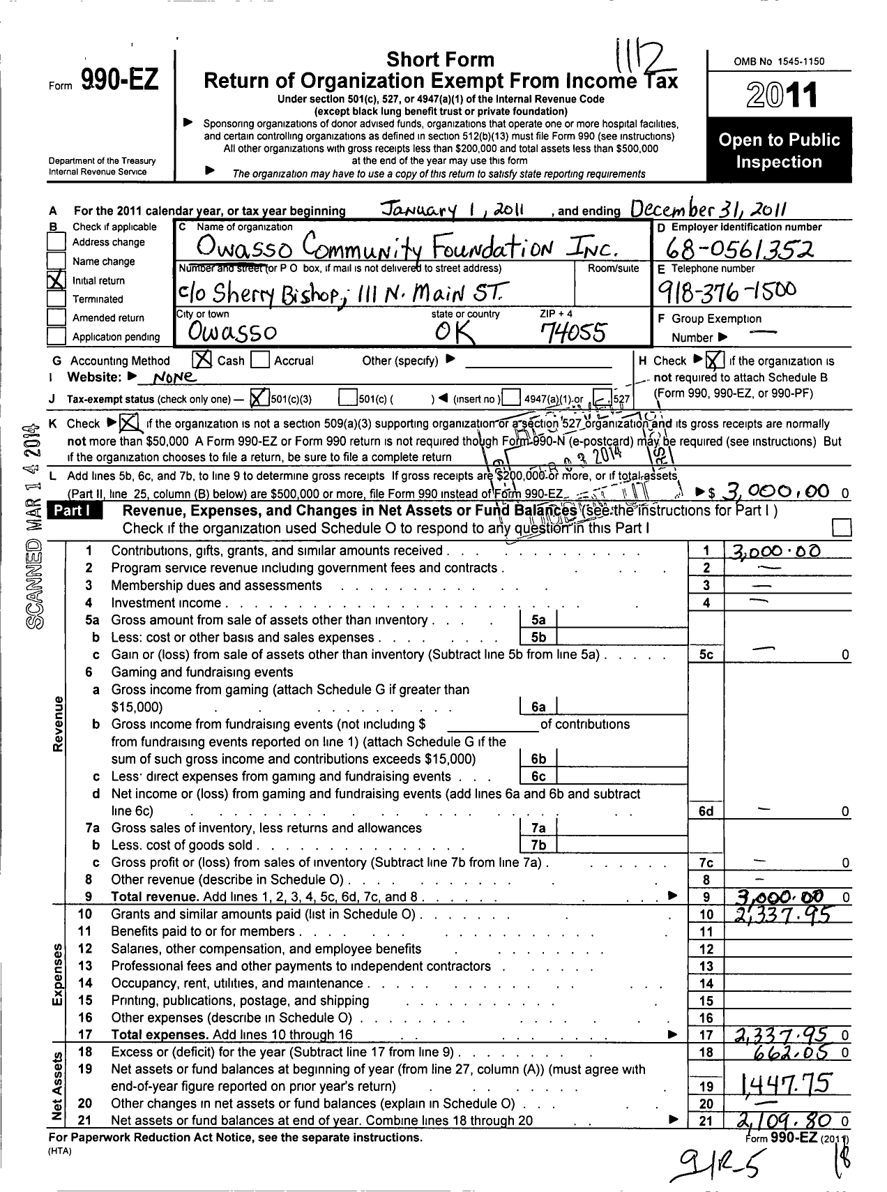 Image of first page of 2011 Form 990EZ for Owasso Community Foundation