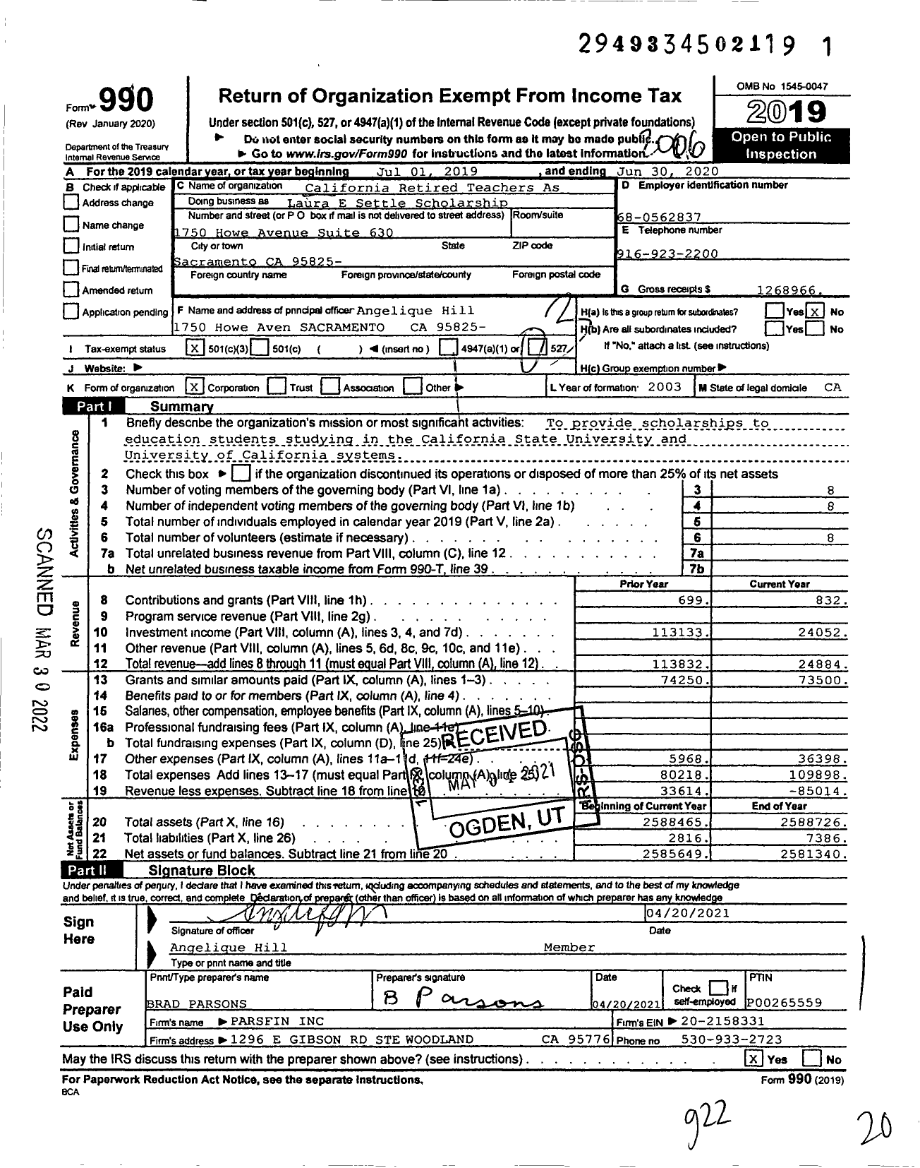 Image of first page of 2019 Form 990 for California Retired Teachers Association Laura E Settle Scholarship