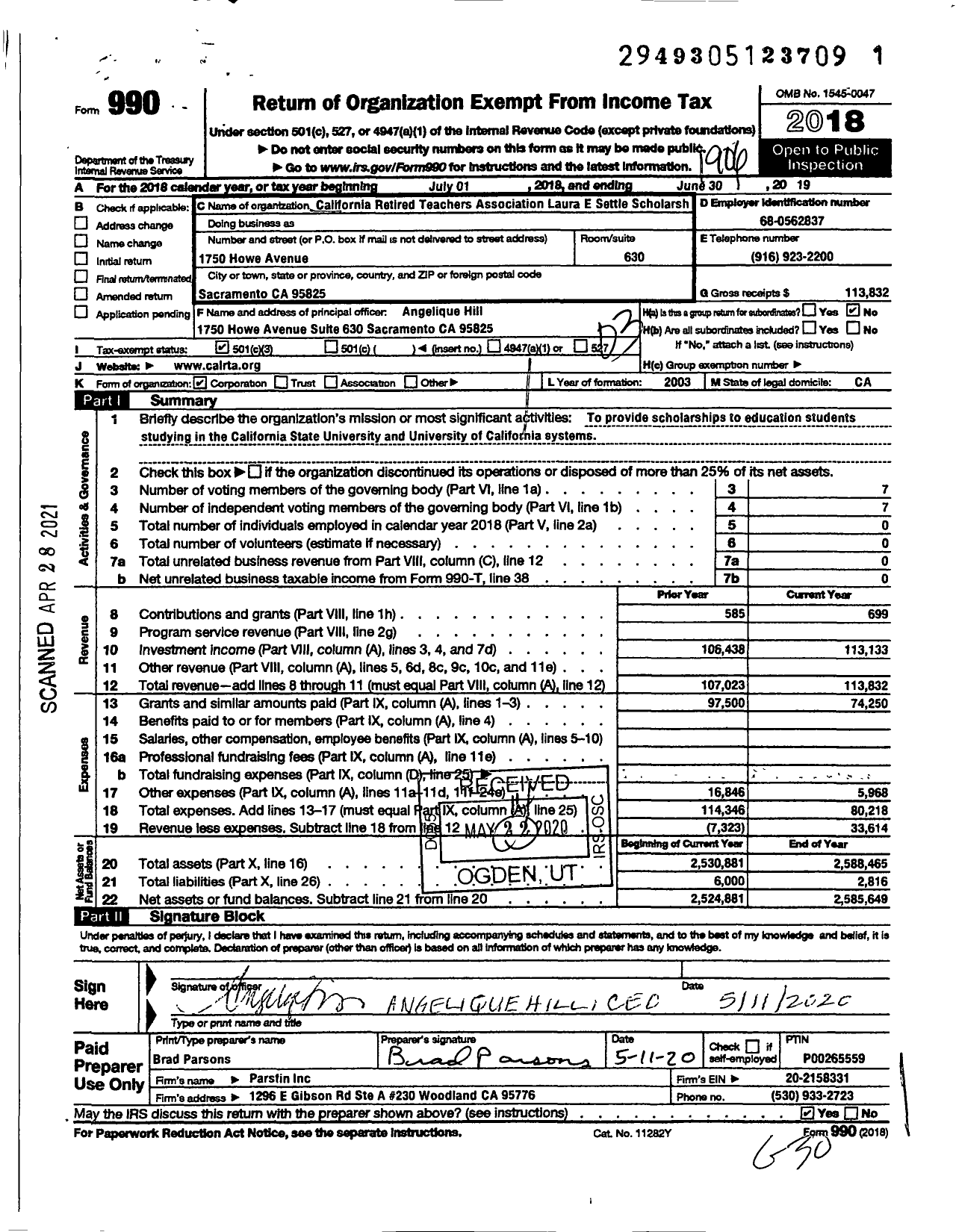 Image of first page of 2018 Form 990 for California Retired Teachers Association Laura E Settle Scholarship