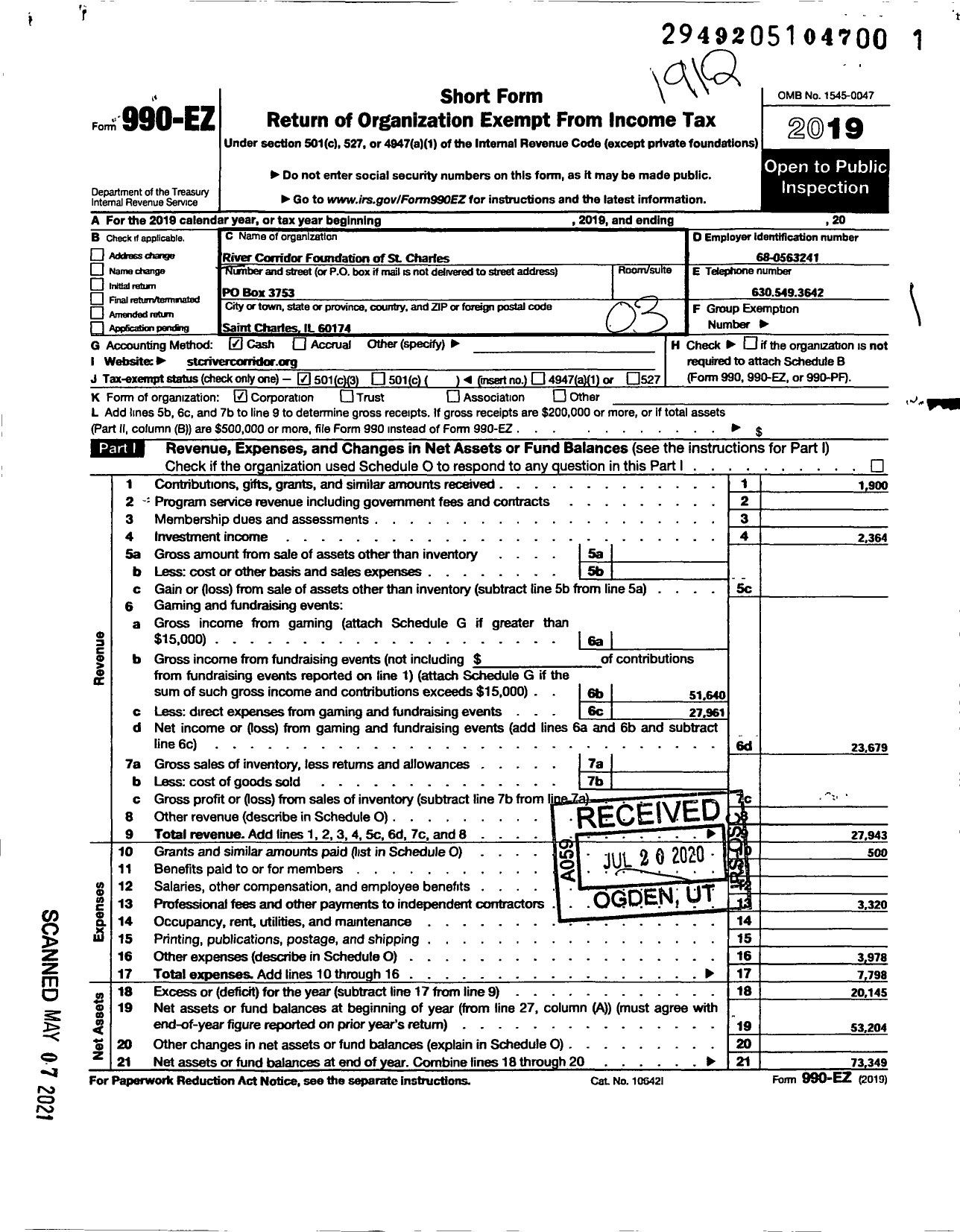 Image of first page of 2019 Form 990EZ for River Corridor Foundation of St Charles NFP