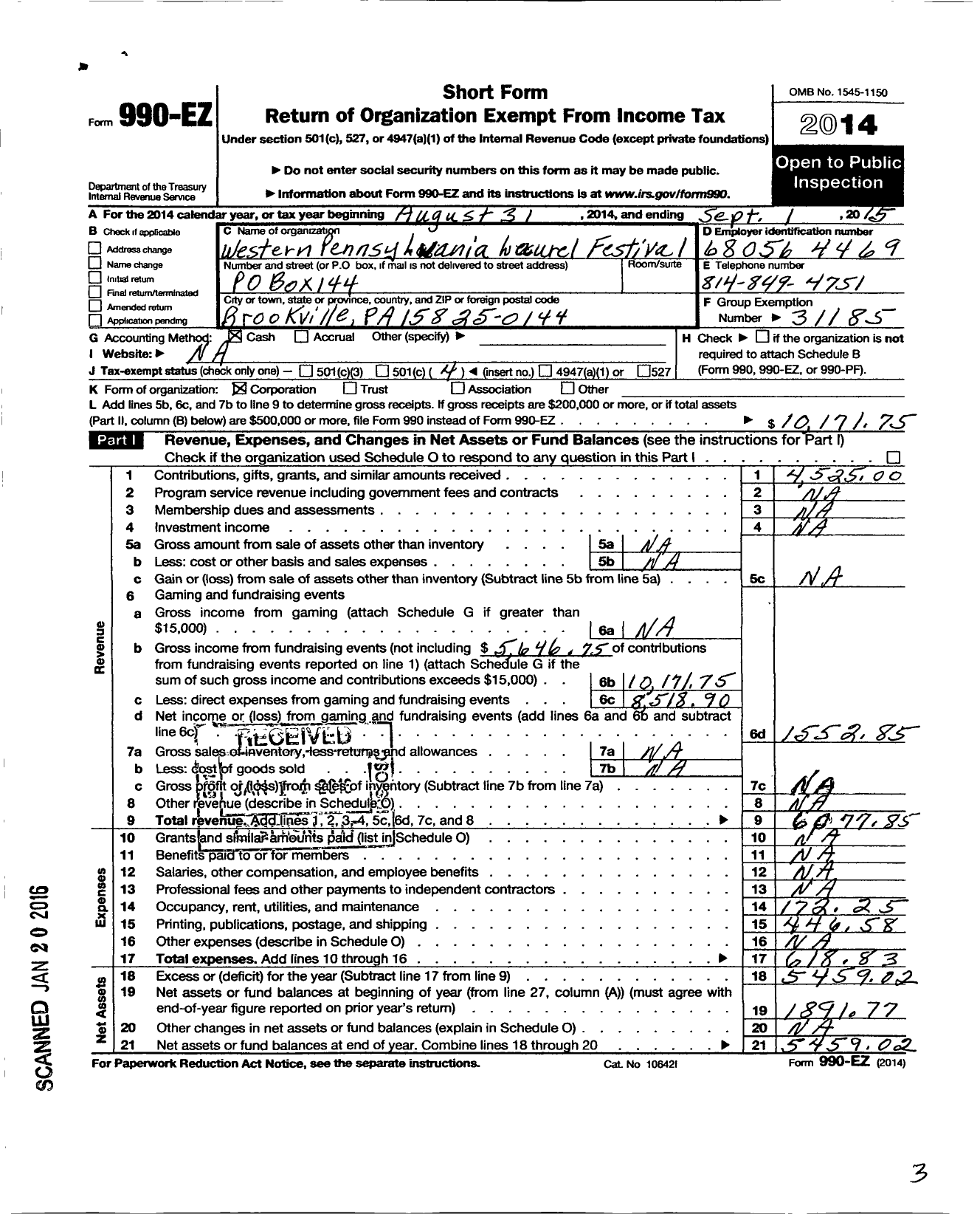 Image of first page of 2014 Form 990EO for Western Pennsylvania Laurel Festival