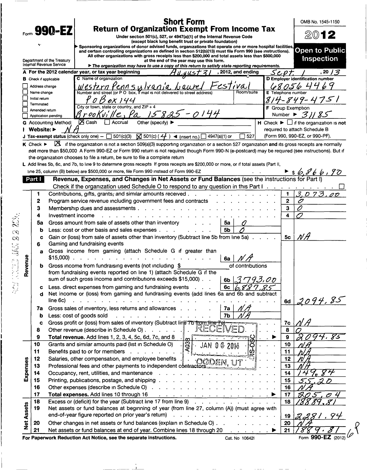 Image of first page of 2012 Form 990EO for Western Pennsylvania Laurel Festival