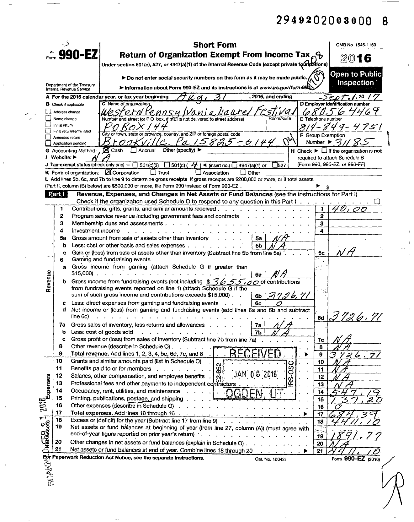 Image of first page of 2016 Form 990EO for Western Pennsylvania Laurel Festival