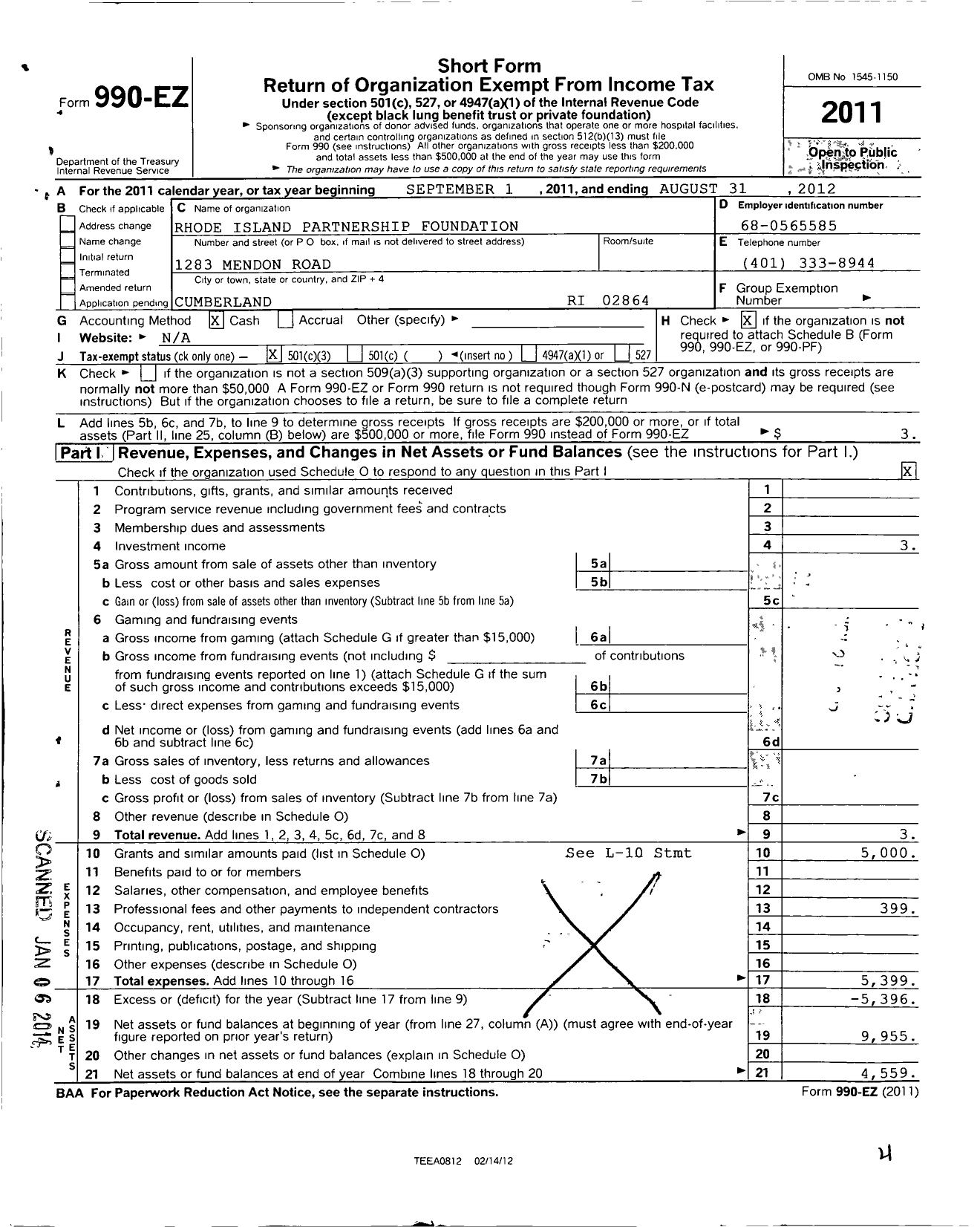 Image of first page of 2011 Form 990EZ for Rhode Island Partnership Foundation