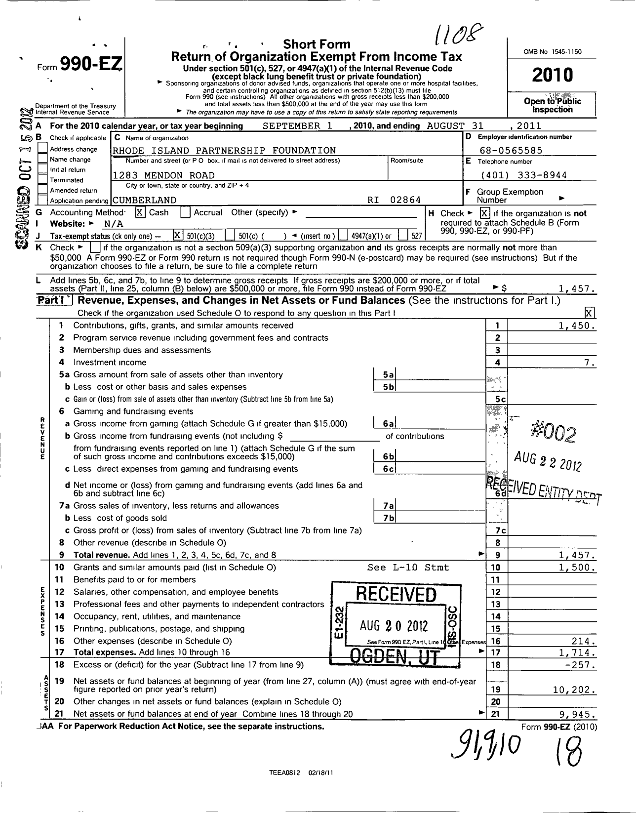 Image of first page of 2010 Form 990EZ for Rhode Island Partnership Foundation