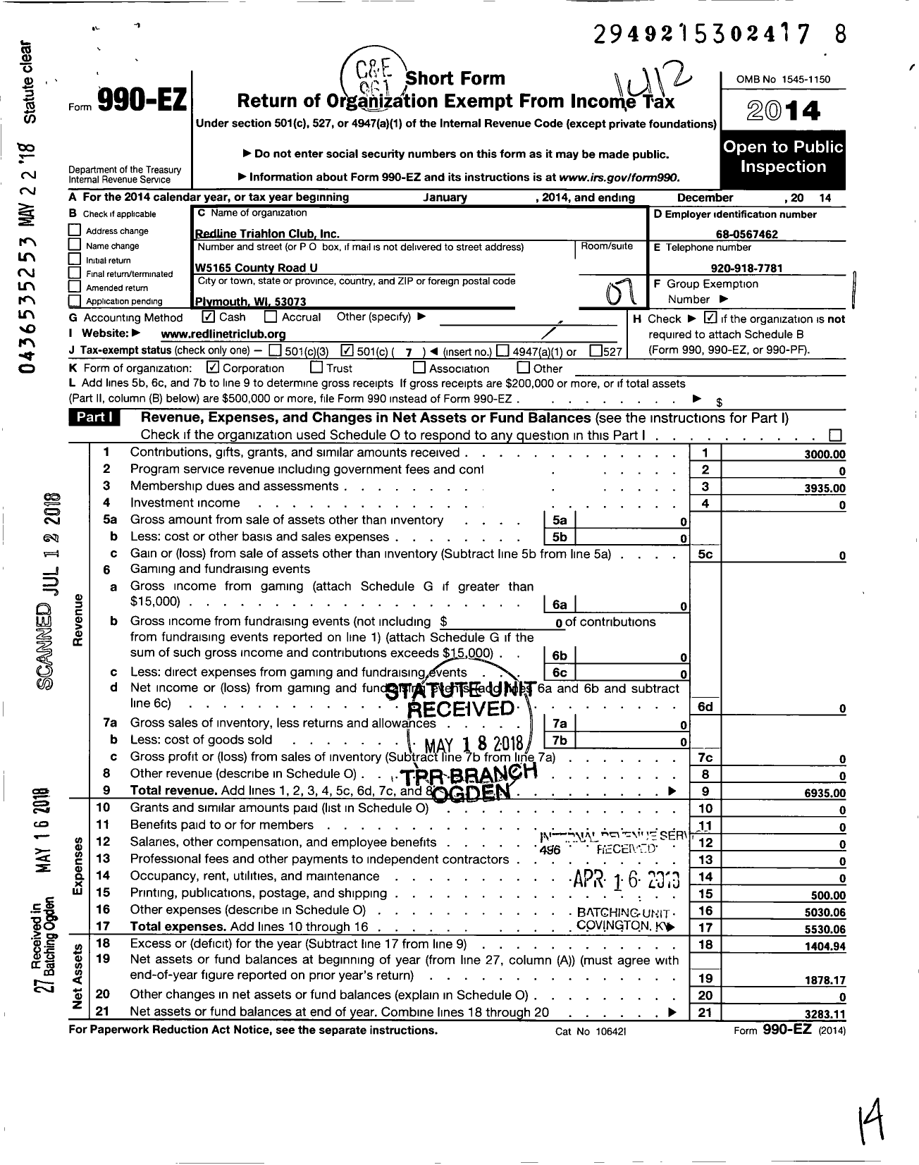 Image of first page of 2014 Form 990EO for Redline Triathlon Club