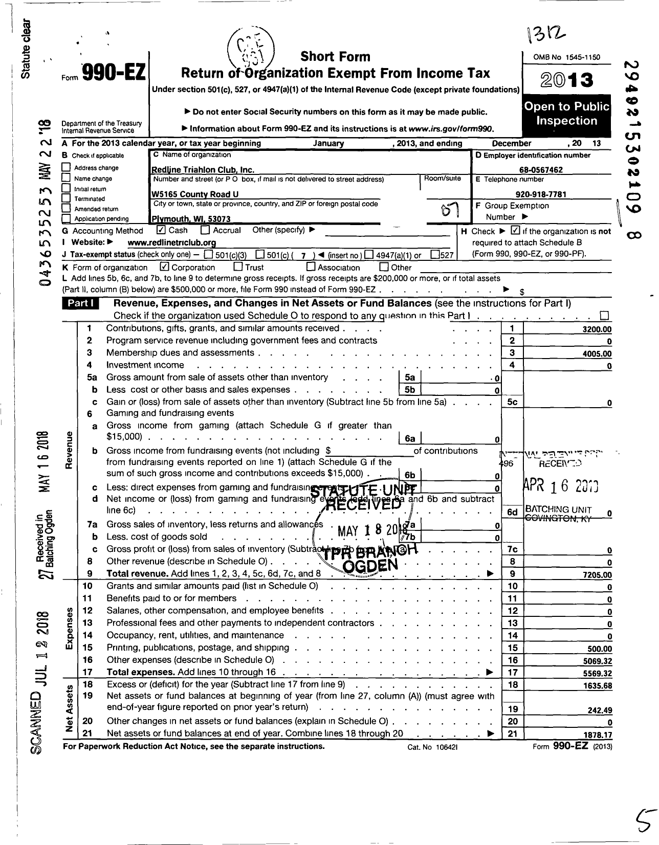 Image of first page of 2013 Form 990EO for Redline Triathlon Club