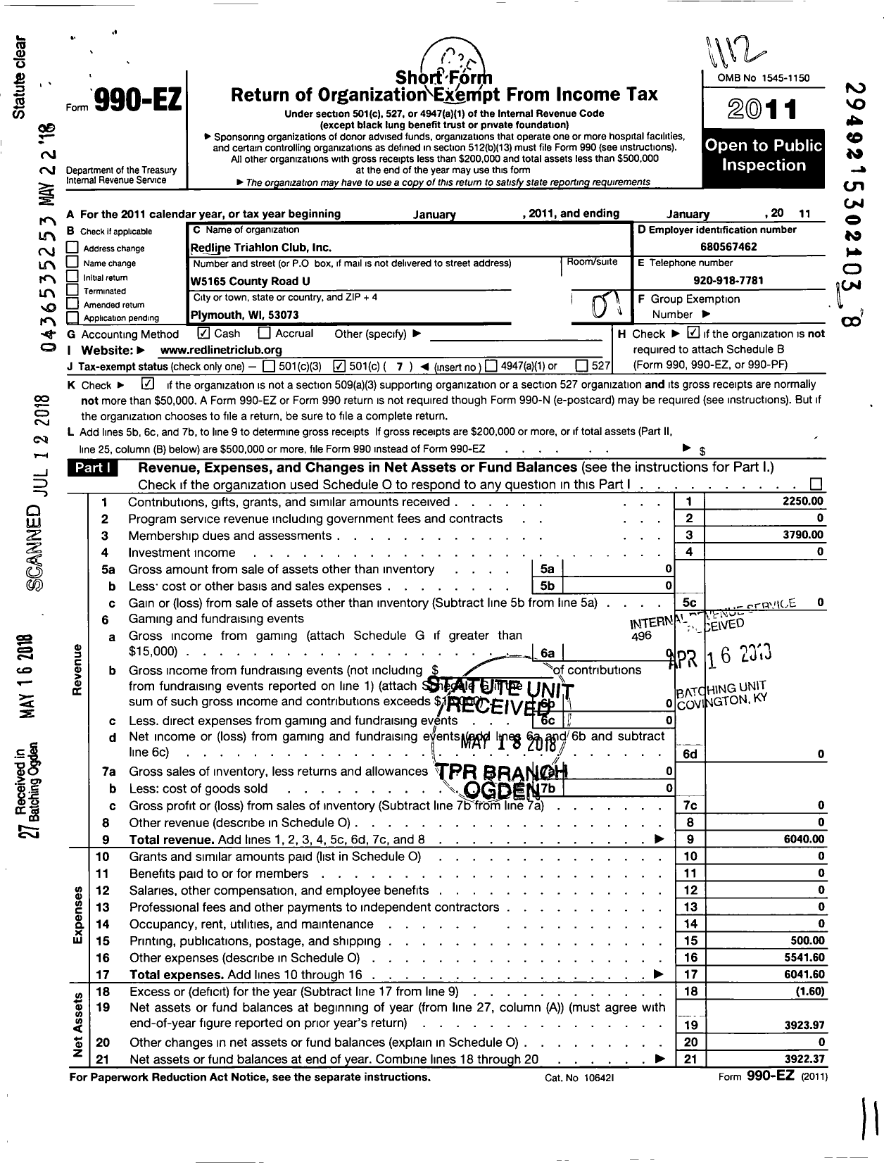 Image of first page of 2011 Form 990EO for Redline Triathlon Club