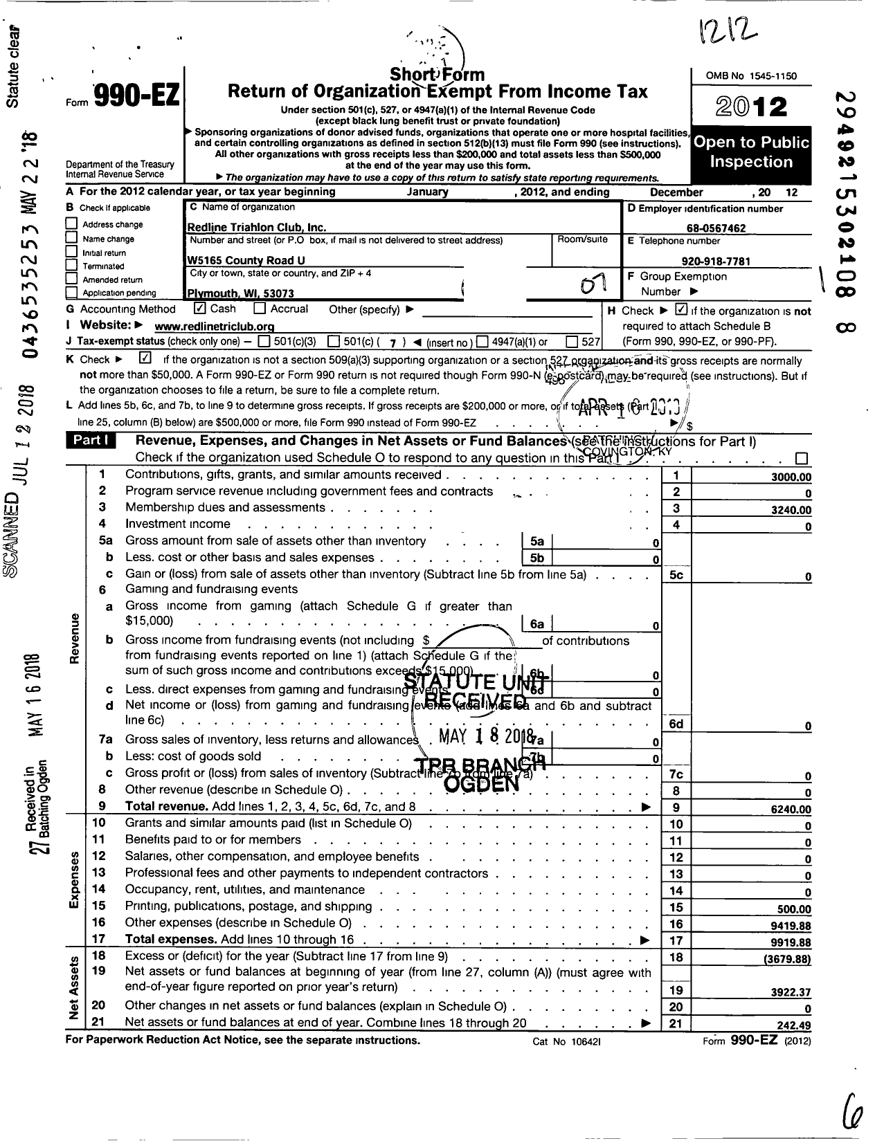 Image of first page of 2012 Form 990EO for Redline Triathlon Club