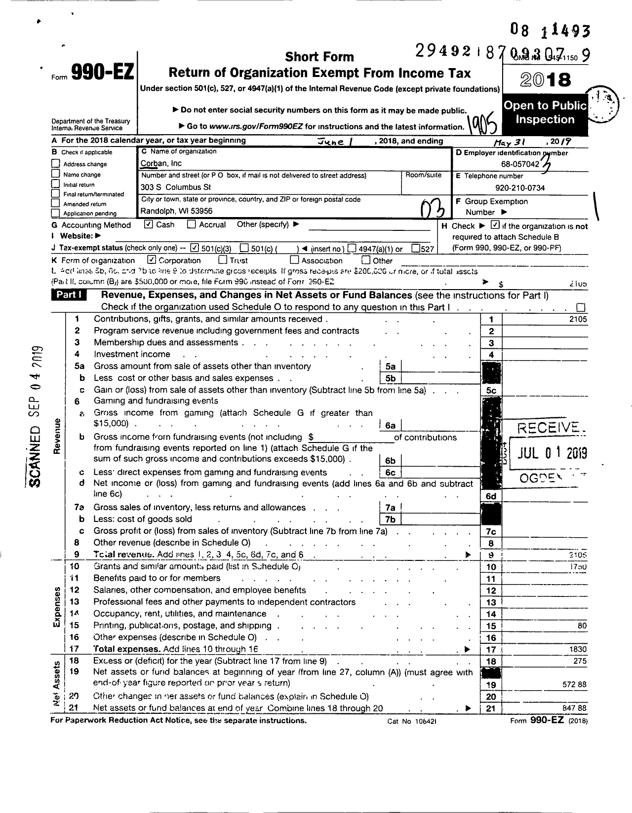Image of first page of 2018 Form 990EZ for Corban