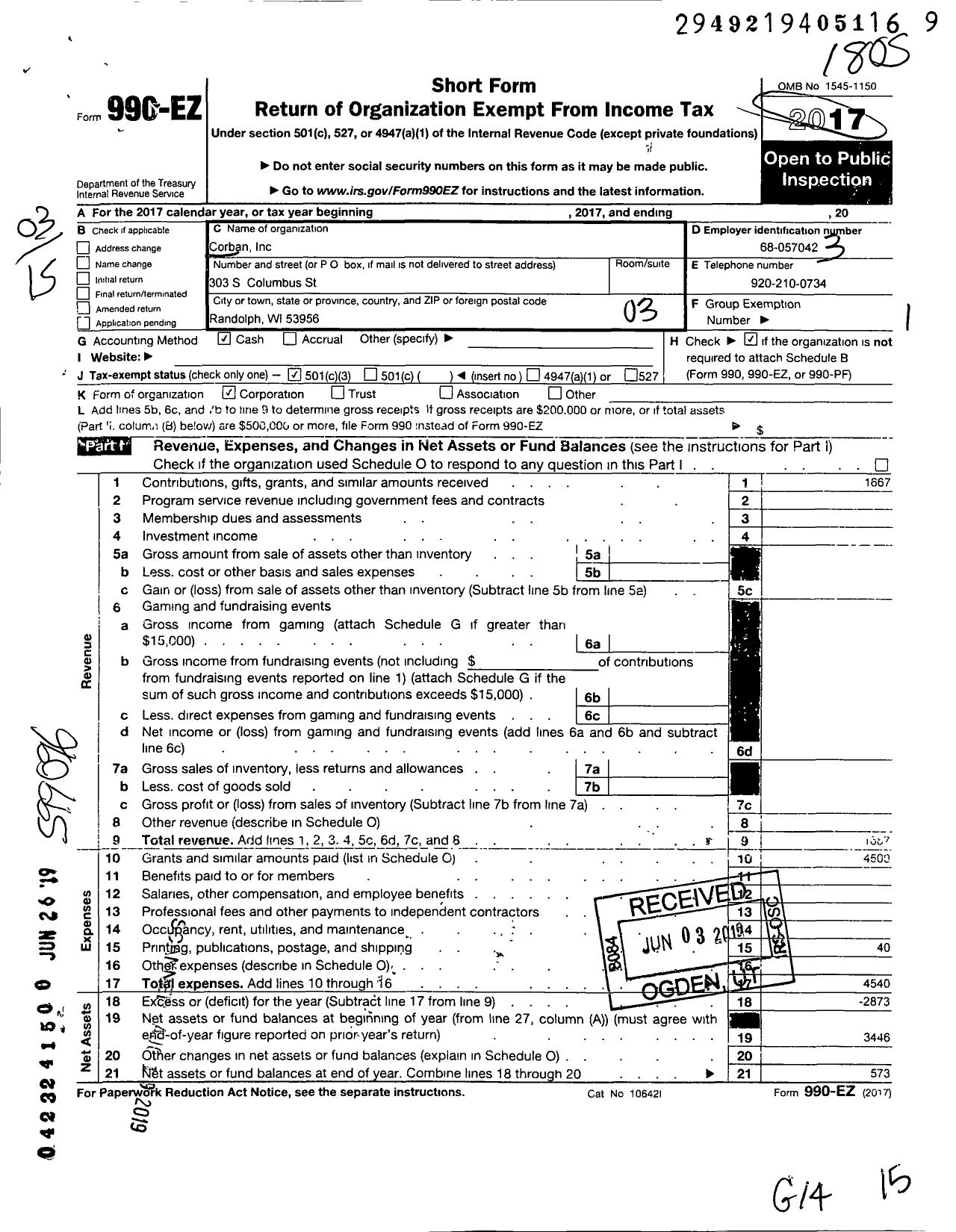 Image of first page of 2017 Form 990EZ for Corban