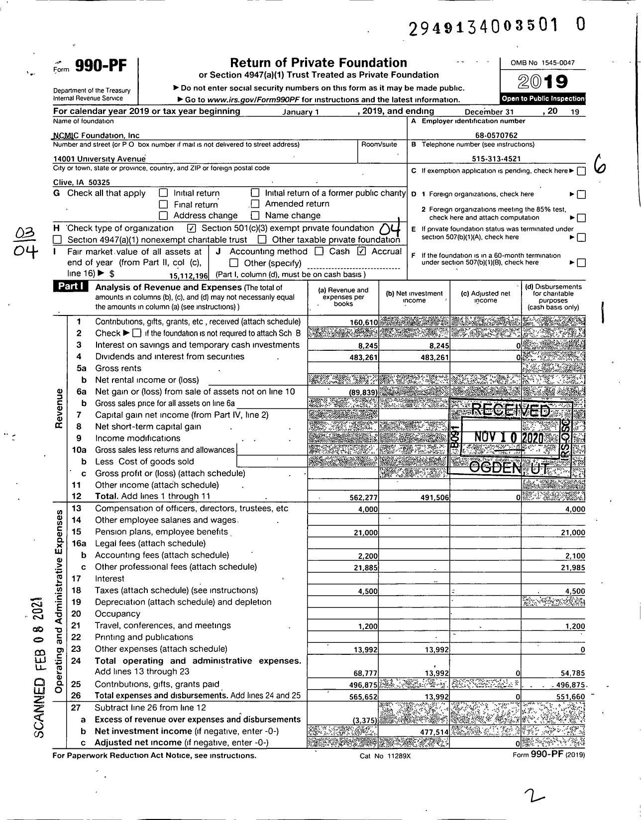 Image of first page of 2019 Form 990PF for Ncmic Foundation