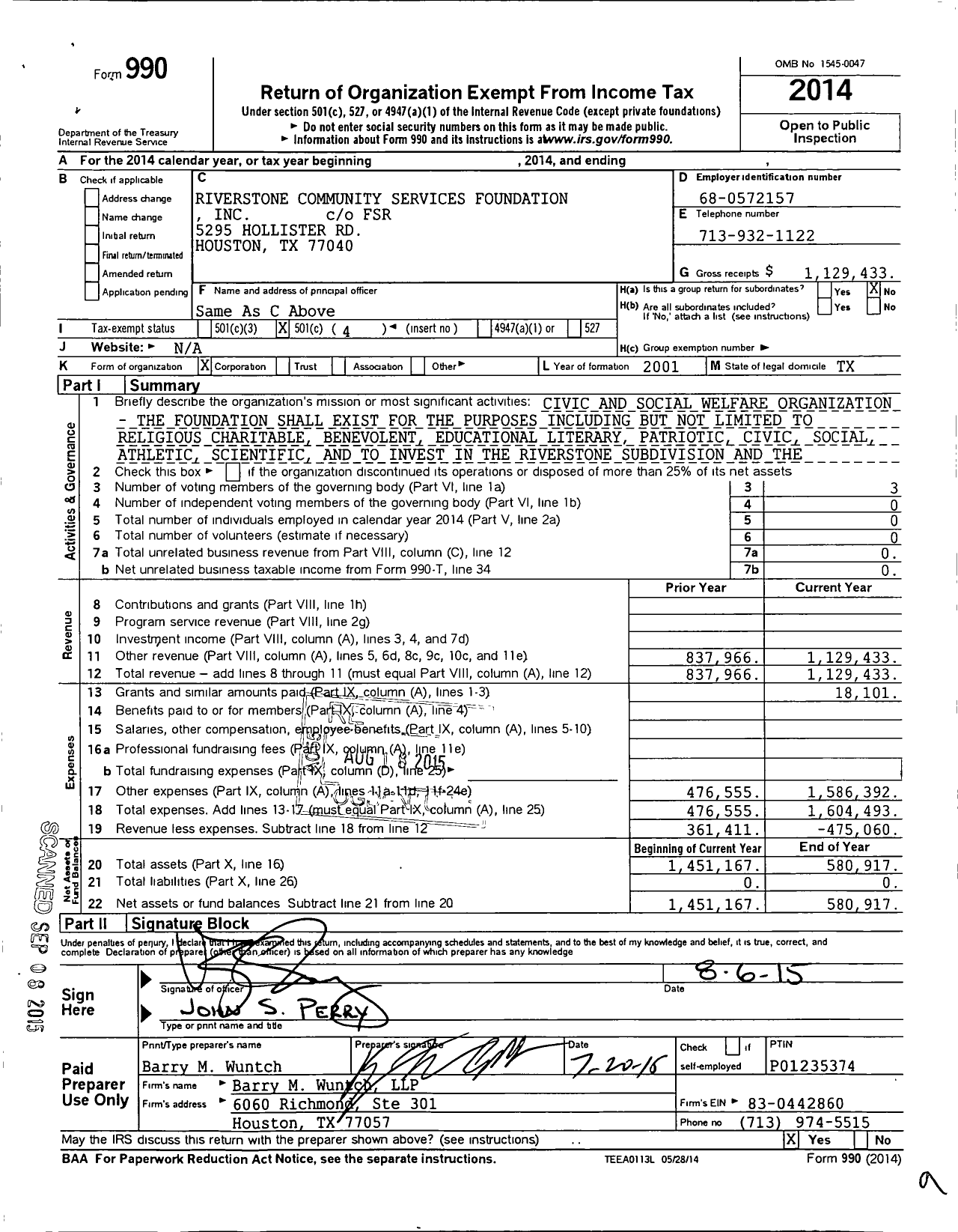 Image of first page of 2014 Form 990O for Riverstone Community Services Foundation